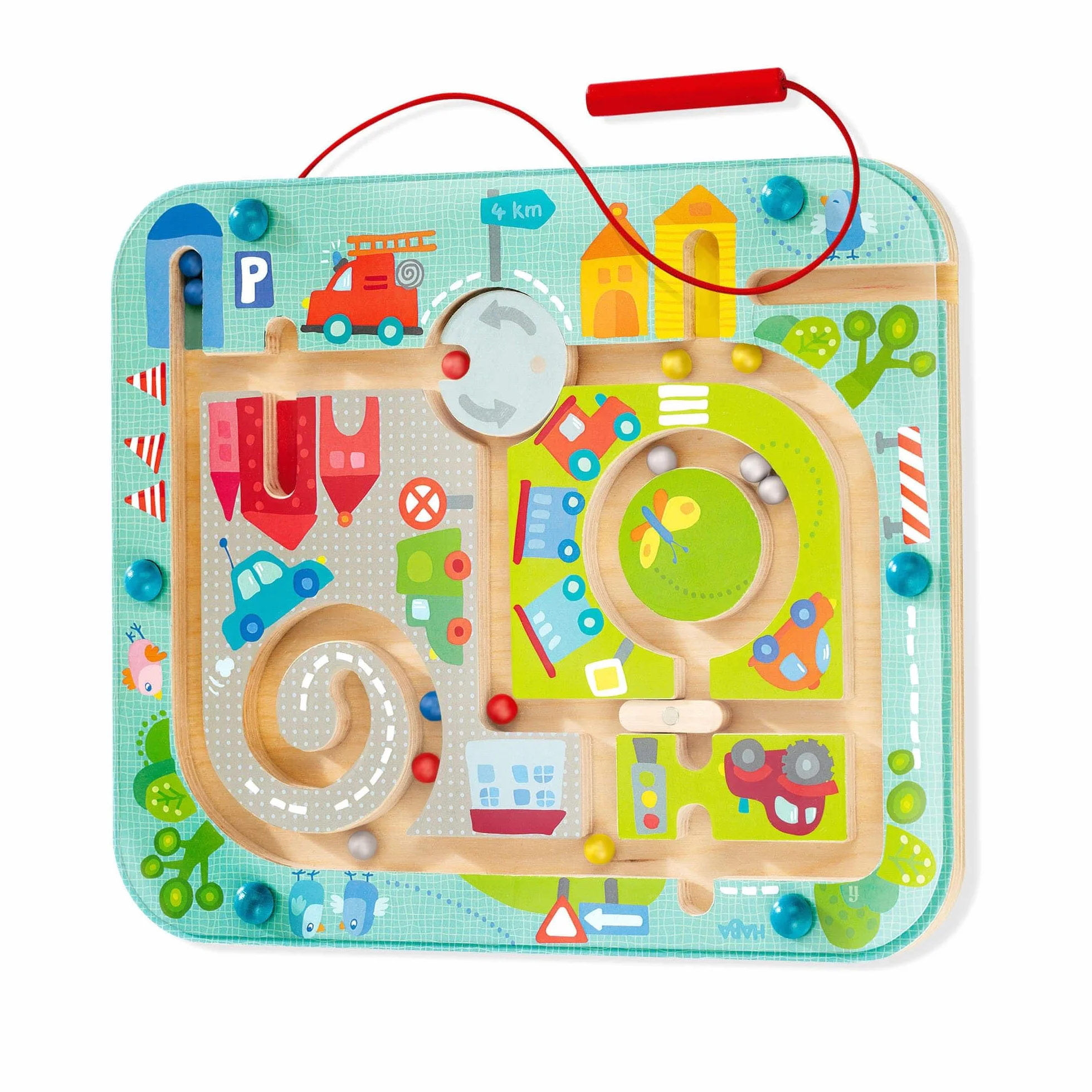 HABA - Jeu Magnétique - Ville Labyrinthe - Jouet en Bois - Jeu de motricité et de réflexion - Reconnaissance des Couleurs - Transportable, Léger, Solide - 2 Ans et Plus - 301056