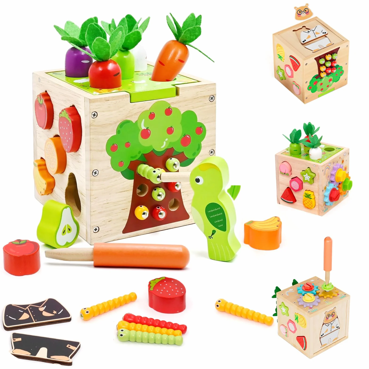 Centre Activité Bébé Multijeux Montessori,Cube d'Activité Bébé,Cube en Bois Comprend la Correspondance des Formes,le Tirage de Carottes,la Capture d'insectes,des Engrenages,Jeux en bois Bébé 1 an.