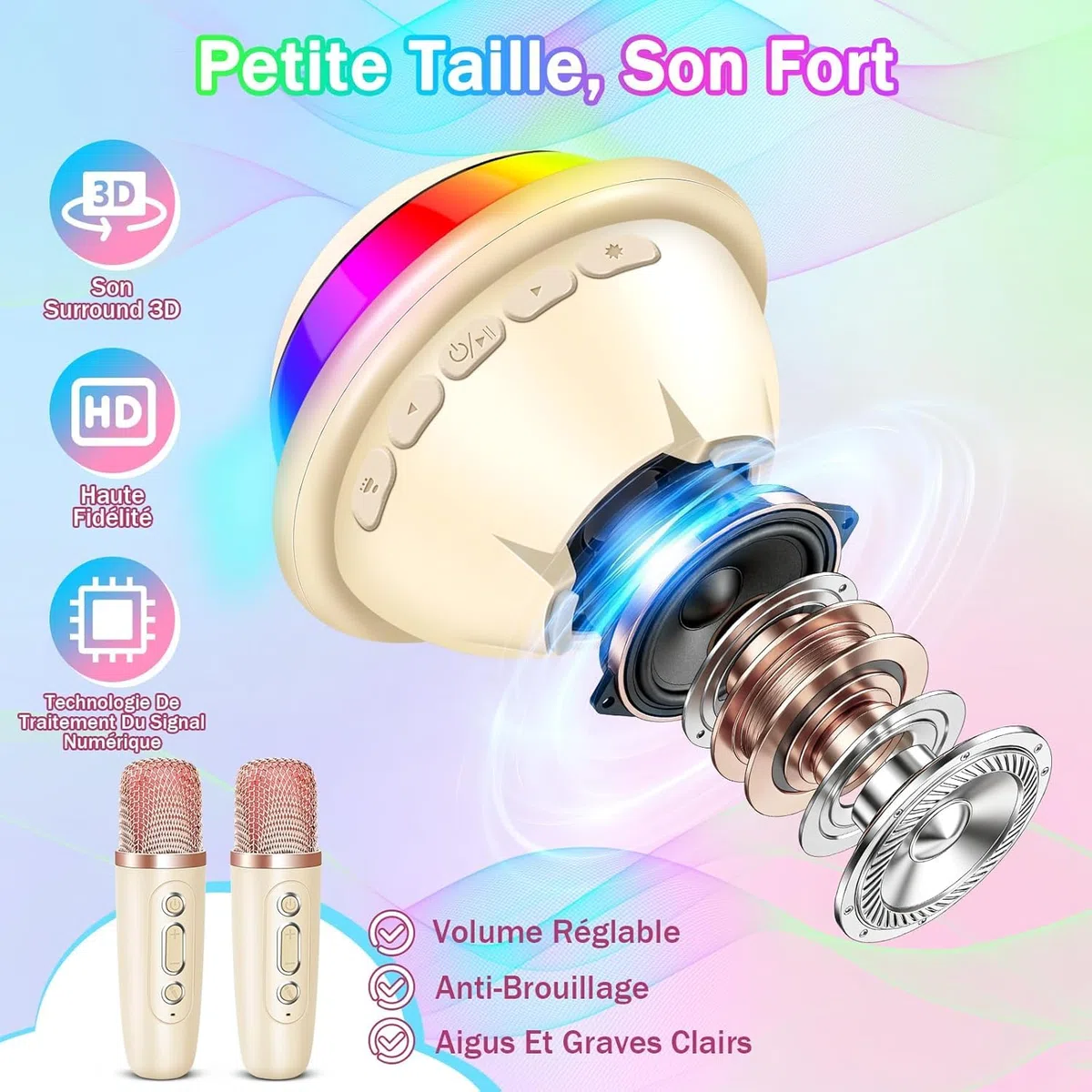 JONRRYIN Micro Karaoke Enfant avec Lumineux LED Disco, Enfant Enceinte Karaoké Portable avec 2 Microphone sans Fil Bluetooth, Micro Enfant pour Chanter, Jouet Cadeau Paques Fille (Blanc)