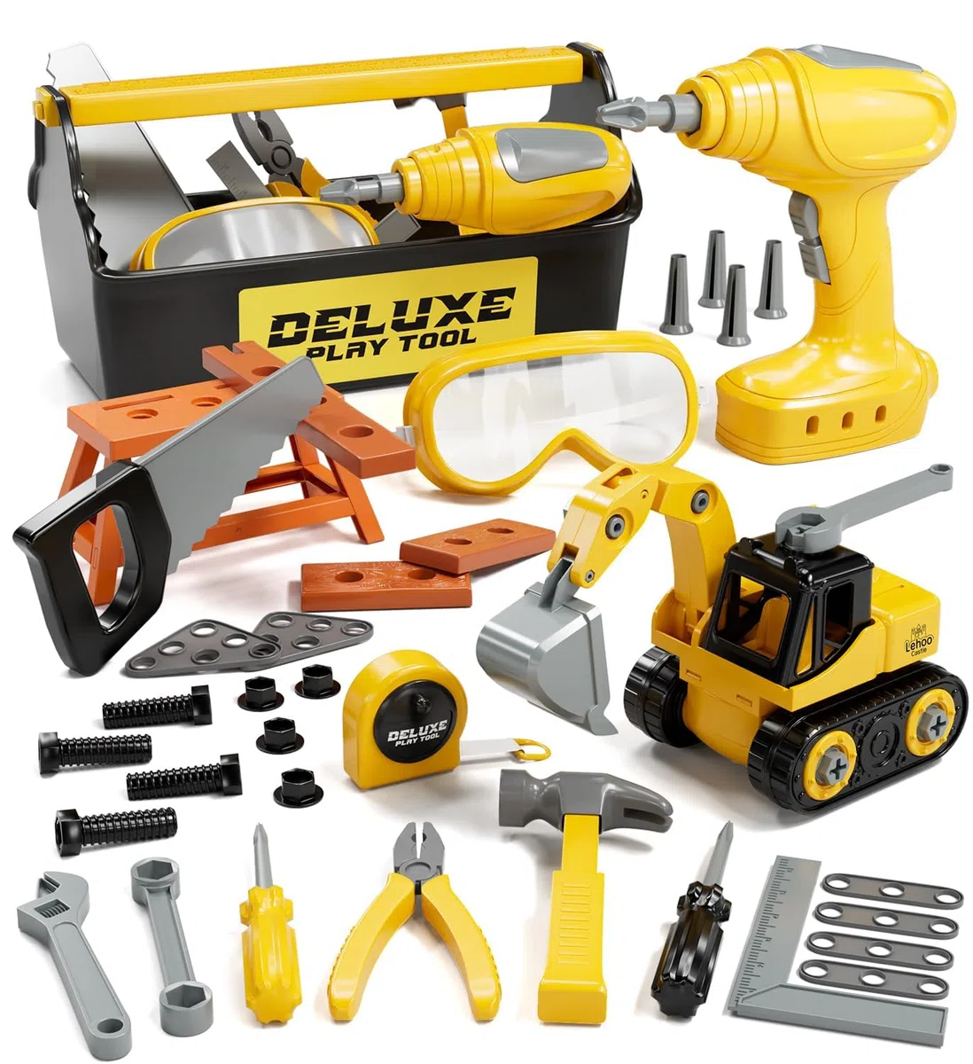 Lehoo Castle Boite Outils Enfant, Etabli avec Perceuse Électrique, Visseuse, Metre Ruban, Démonter et Assembler Voiture, Caisse a Outil Cadeau Montessori Jouets pour Enfant 3 Ans+