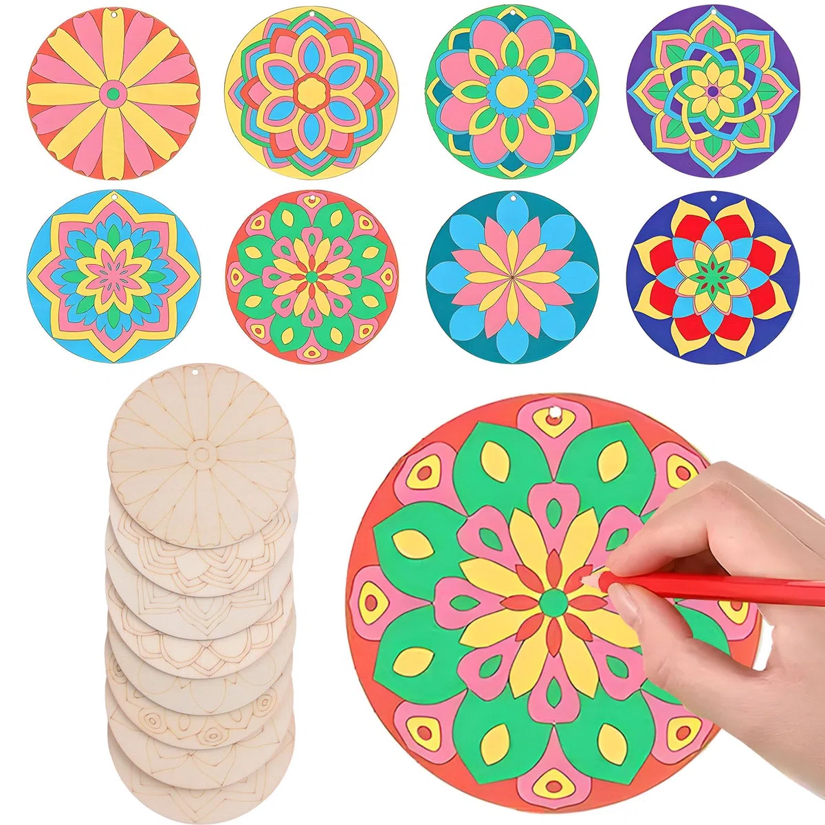 Ensemble de peinture mandala en bois, 40 pièces de découpes en bois brut à peindre, mandala, ornement mandala en bois pour adulte, pour se détendre, peinture, loisirs créatifs, décoration