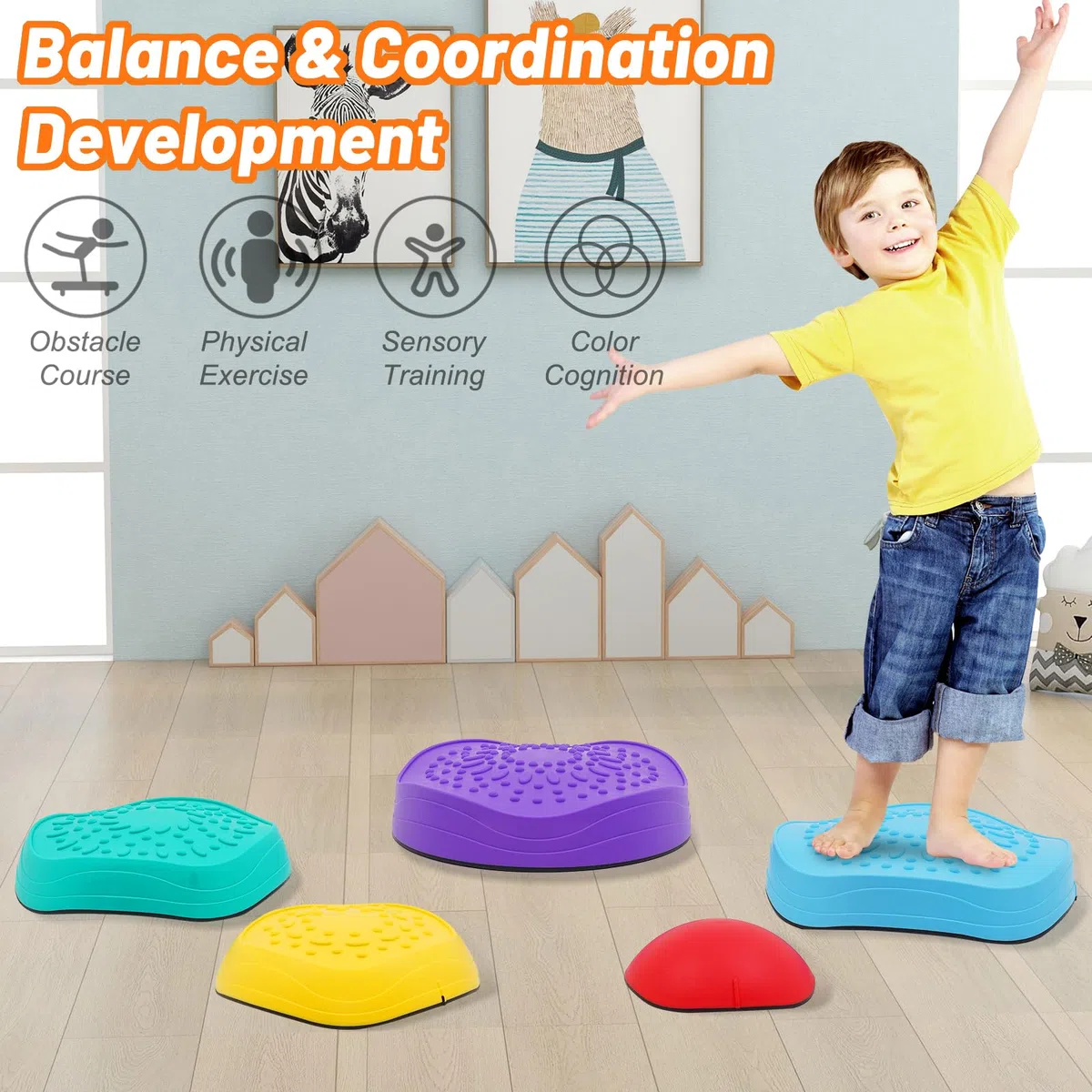 Pierres d'équilibre pour enfants, 11 poutres d'équilibre antidérapantes, pierres de rivière, poutre d'équilibre, blocs d'équilibre, équipement de jeu intérieur et extérieur pour enfants, favorisent