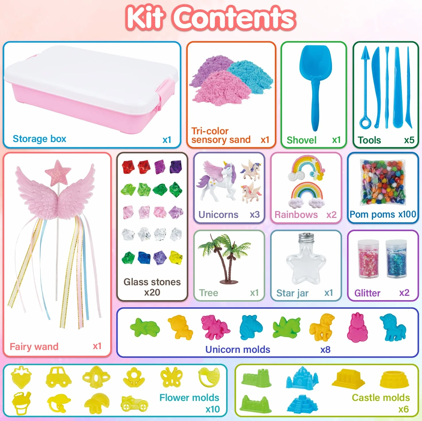 snookids Sable Magique, Sable pour Bac a Sable Coffret de Licorne, Comprenant 24 Moules à Sable, 3 Licornes, Coquillage Avec Couvercle et Un Jouet Sensoriel pour Les Enfants 3 4 5 6 7 8 9+ Ans