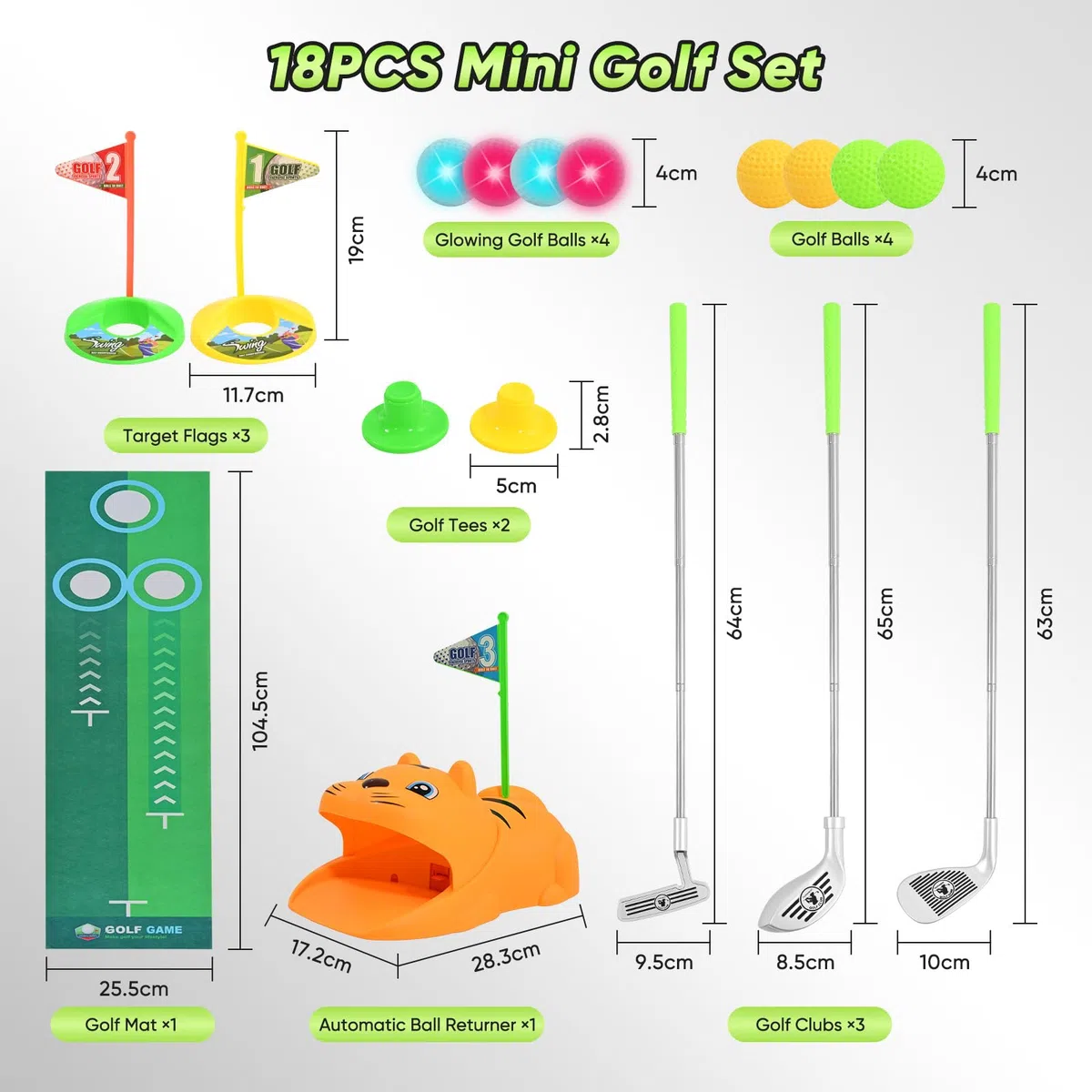 Coffret de Golf pour Enfants avec retourneur de balles Automatique et balles Lumineuses à LED | 18 pièces, Cadeau pour garçons et Filles de 3 à 8 Ans | Comprend des Clubs rétractables