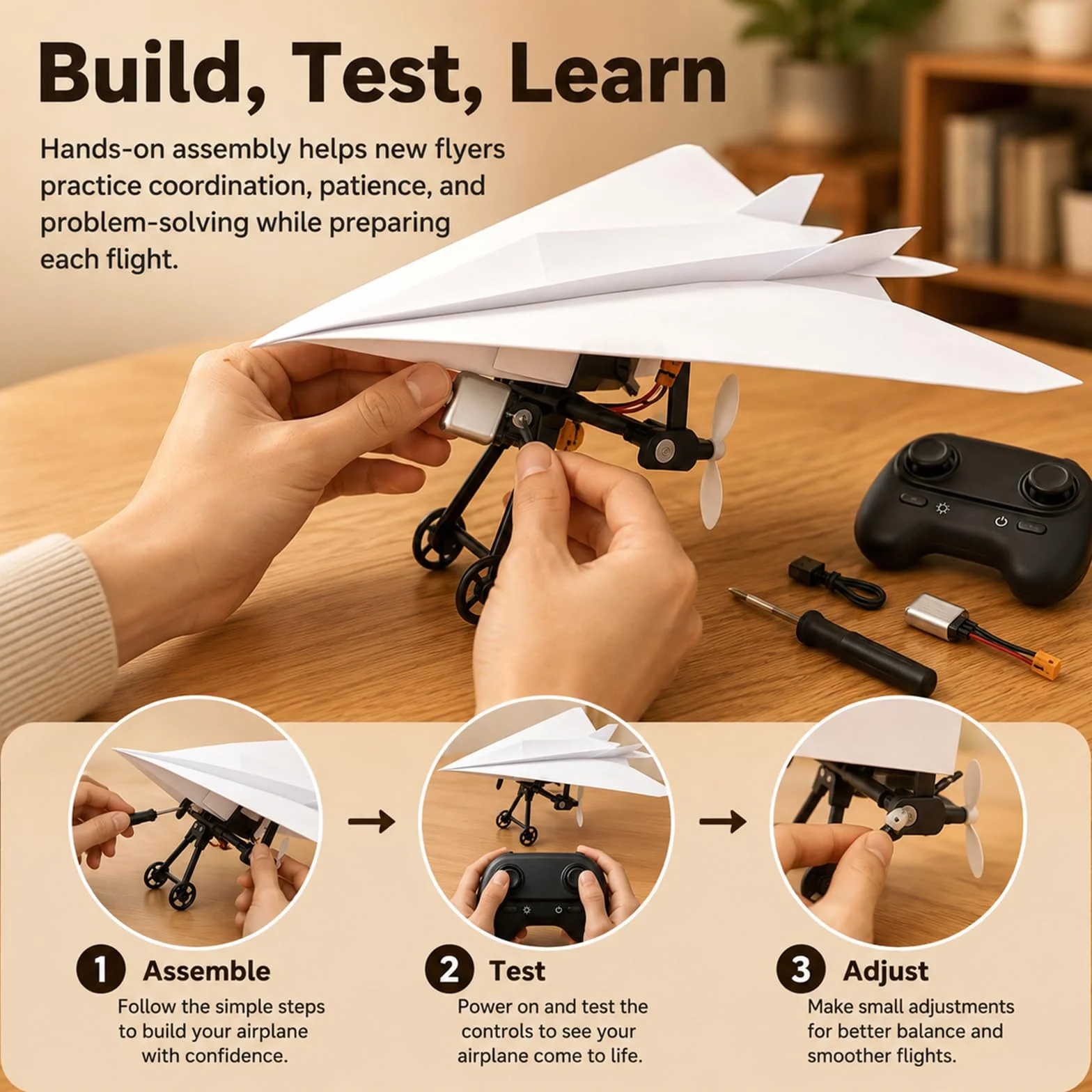 Générique Rc Paper Airplane Kit with Gyro Stabilizer, Remote Control Airplane, DIY Rc Airplane Kit, Foldable Lightweight Glider Tool for Hobbyists and Beginner Flyers (Two Batteries)