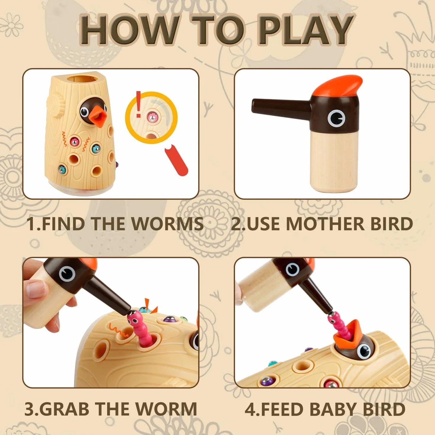 TOP BRIGHT Jeux Magnétique pour Garçon et Fille 2 Ans, Jouet Montessori 1 an à Motricité Fine pour Cadeau d'anniversaire d'enfant 3 Ans, Jeu de Pic à Nourrir avec Insectes