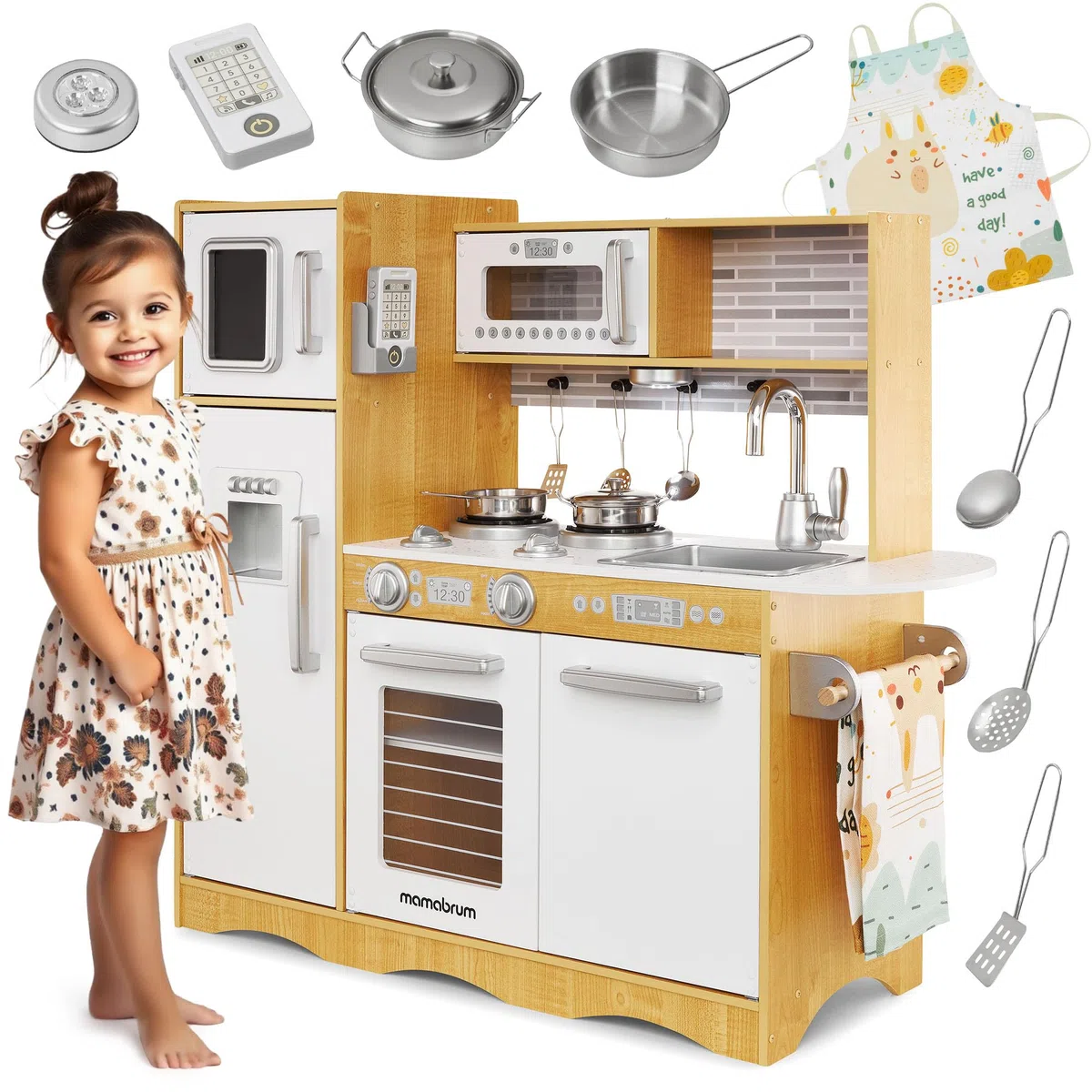 Mamabrum Cuisine Enfant en Bois Grande Taille avec Éclairage LED, Frigo, Four, Micro-Ondes, Tablette, Ustensiles et Tableau Noir - Jouet Éducatif Compatible avec Enfants 3 Ans et Plus