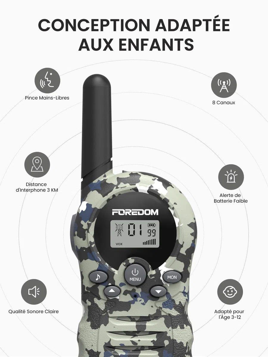 FOREDOM Talkie Walkie Enfants, Talkie-Walkie Longue Portée pour Garçons & Filles de 3-12 Ans, Cadeaux Aventure Plein Air, Lot de 2