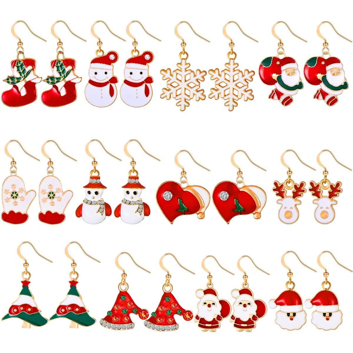 12 Paires Boucles d'Oreilles Pendantes de Noël - Ensemble de Bijoux Stud pour Femmes, Filles, Enfants - Goutte, Bonhomme de Neige, Flocon (Ensemble de Style 1)