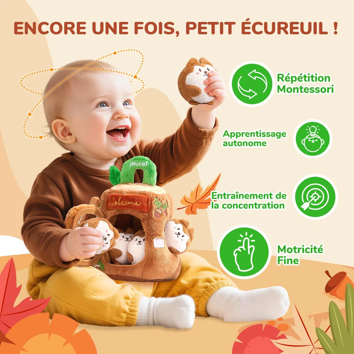 JoyCat Jouet Bebe 6-12 Mois, Cabane en Peluche avec 5 Écureuils, Hochet, Miroir, Jouet Sensoriel Montessori Bébé 6 Mois, Cadeau Bebe Enfant Garçon et Fille 1 an