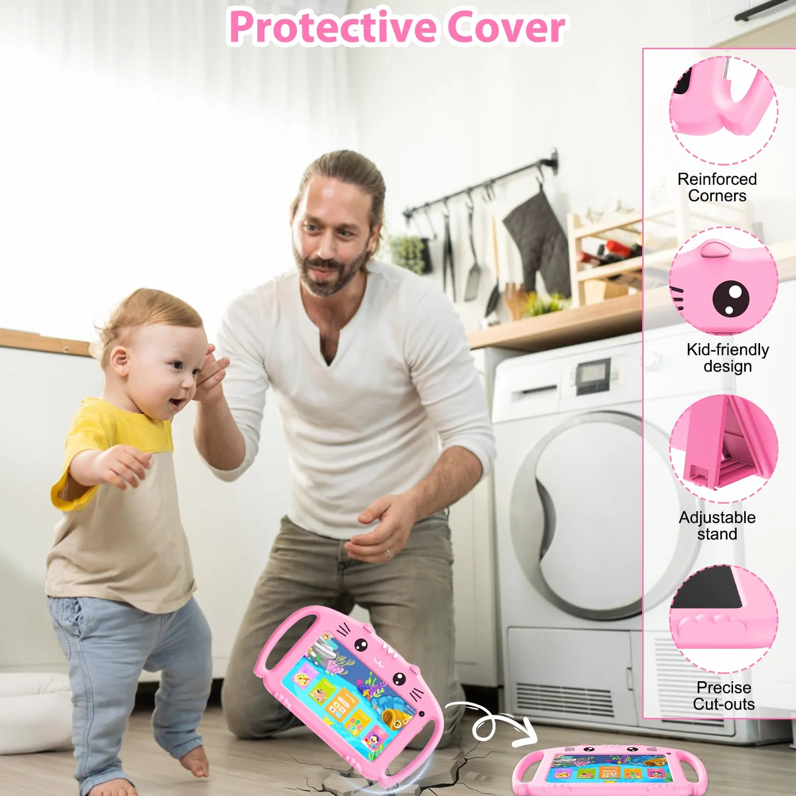 Tablette pour Enfant 7 Pouces Android avec WiFi 2Go RAM 32Go ROM, Contrôle Parental, Double Caméra, Kid-Proof Étui (Rose)