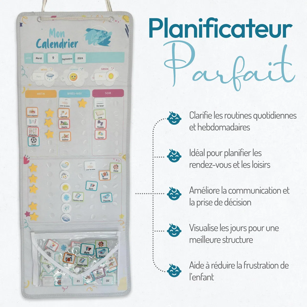 Tableau Routine Enfant Journée MagnéTique Éducatif Montessori 82x32cm 179 Vignettes D'Activités VariéES, Jour De La Semaine Enfant, Mois, MéTéo, Humeur, Pochette Rangement - Gris Clair