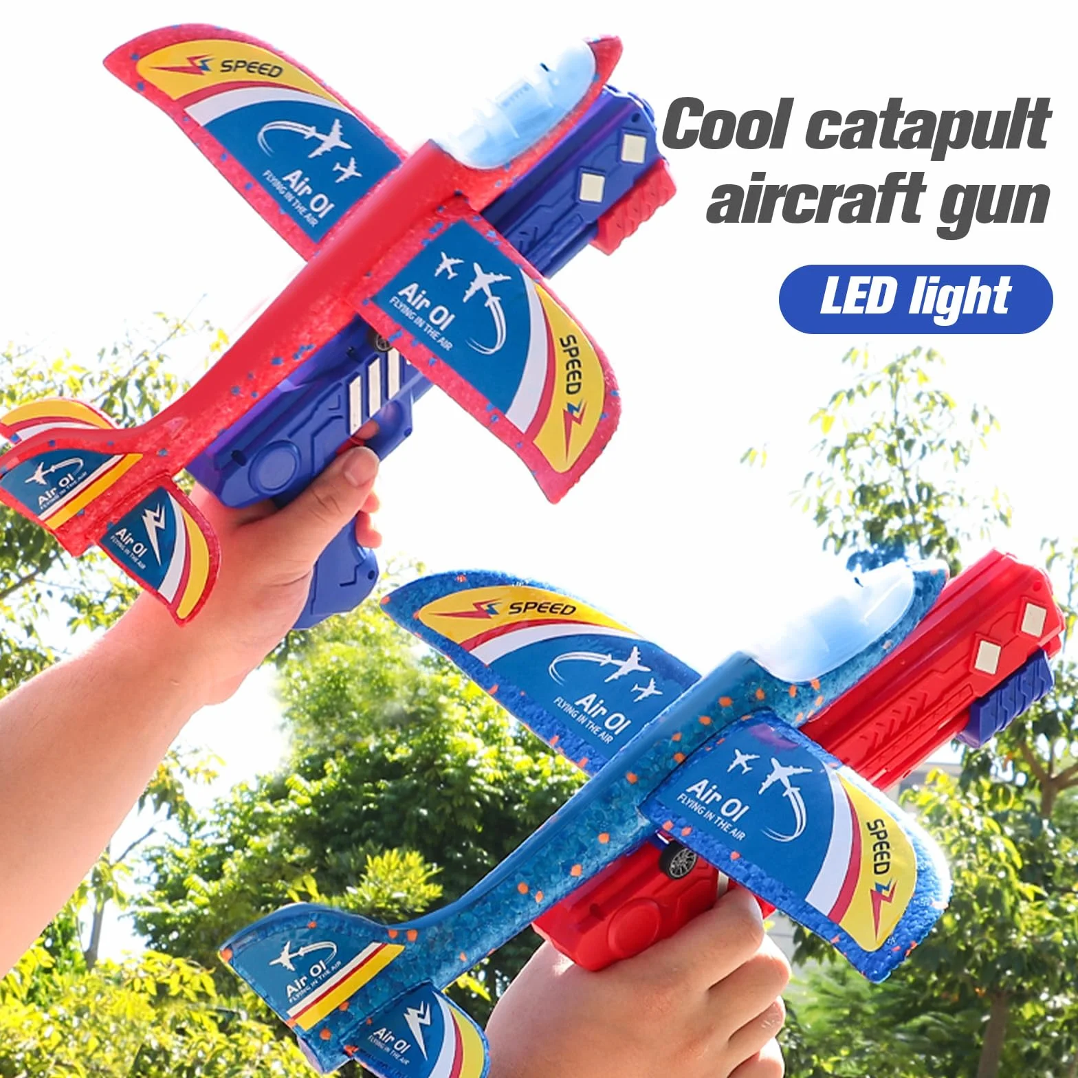 Avion Planeur en Polystyrène avec Pistolet Catapulte LED - 3 Avions Jouets Volants pour Enfants 3-10 Ans, Jeux de Lancer Extérieur Cadeau Anniversaire Garçon Fille