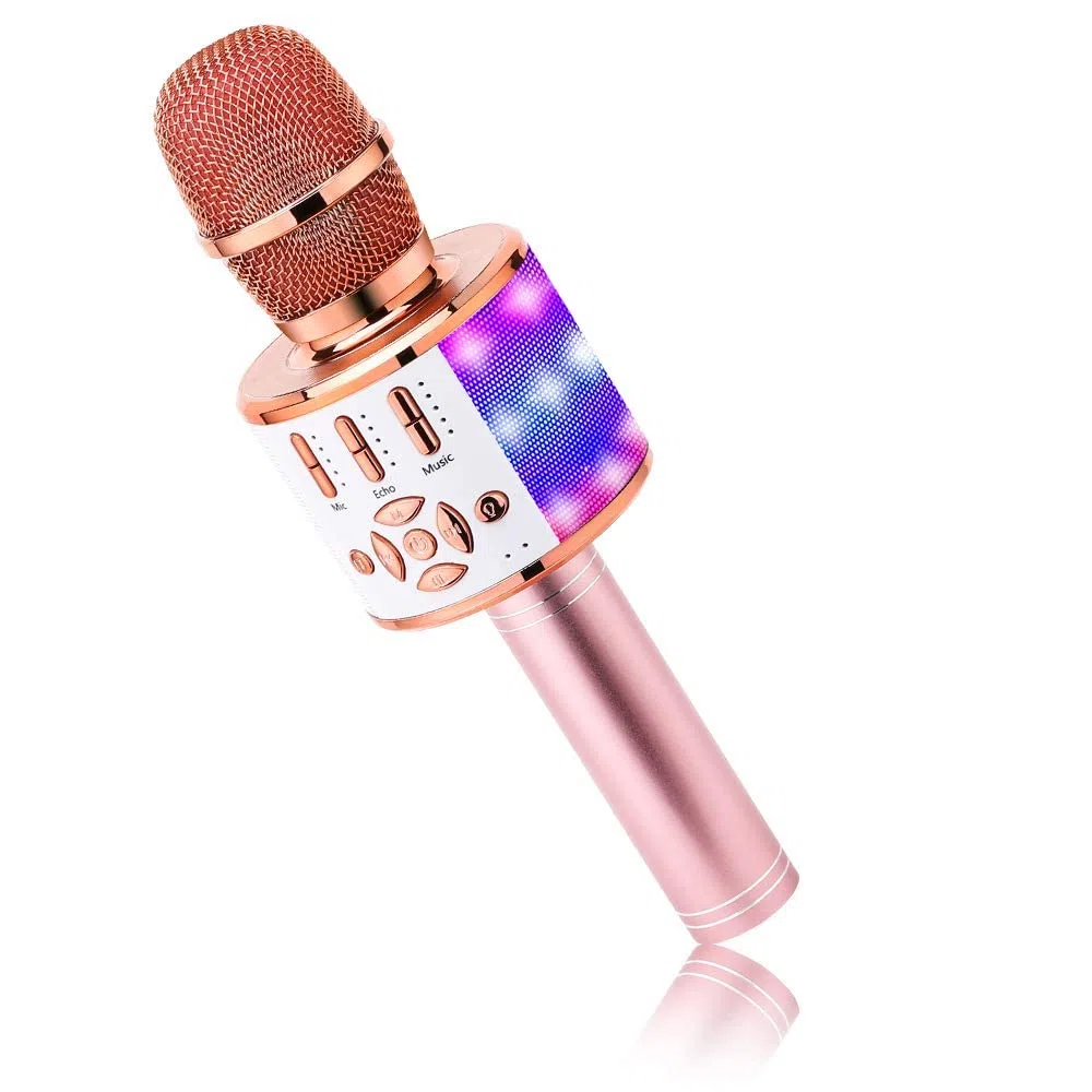 BONAOK Microphone Bluetooth sans Fil, Micro Enfants avec Lumières LED, Mini Machine Karaoké pour Fête/Maison/Anniversaire, Compatible avec Bluetooth iOS Android (Rose)