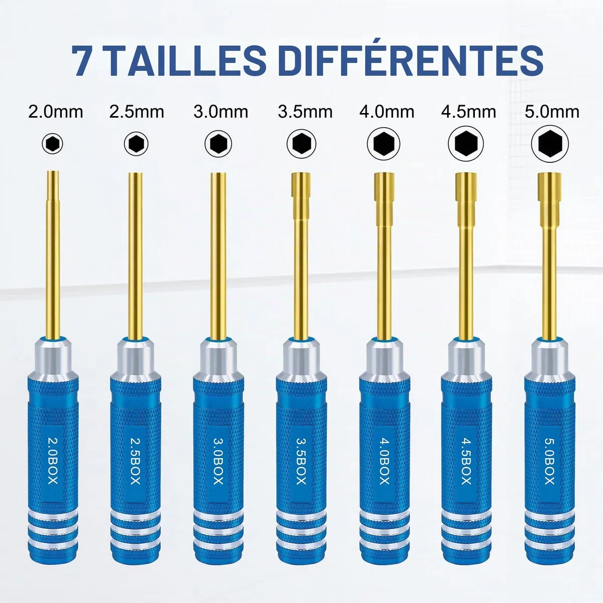 Lot de 7 tournevis hexagonaux 2,0 mm 2,5 mm 3,0 mm 3,5 mm 4,0 mm 4,5 mm 5,0 mm kit d'outils de tournevis pour fixation roue Axial SCX24 pour modèles radiocommandés voitures bateaux hélicoptères bleu