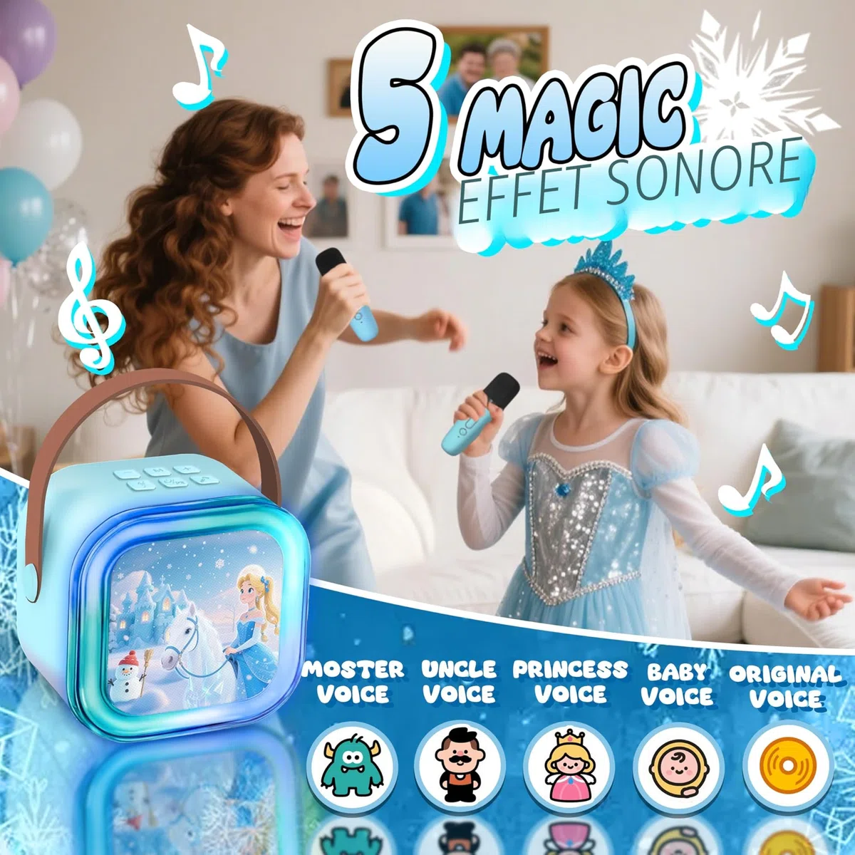 Micro Karaoke Enfant,Enceinte Bluetooth Enfant avec 2 Micros sans Fil,Micro Enfant pour Chanter, Idée Cadeau Fille 3 4 5 6 7 8 9 Ans Anniversaire,Jouet Frozen