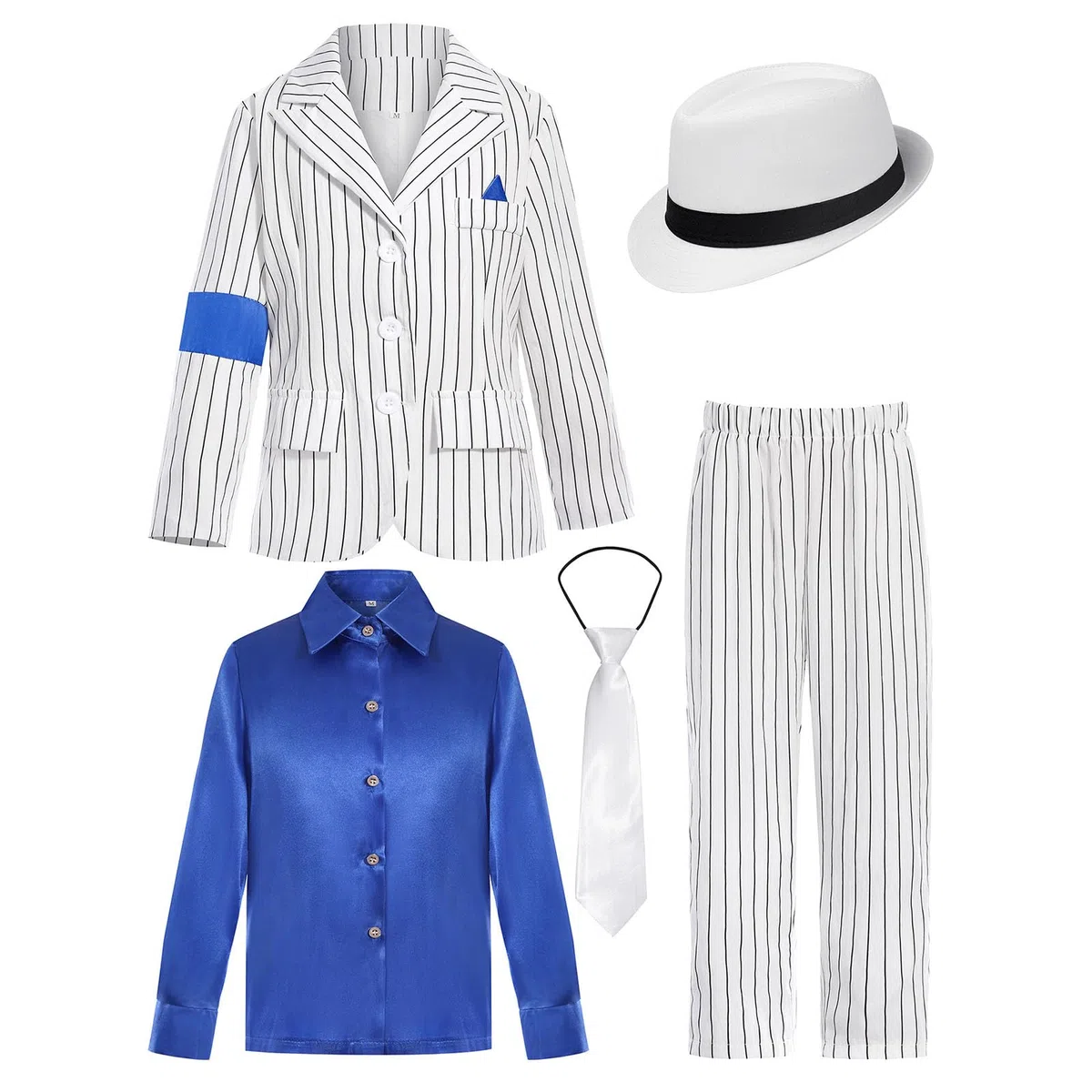 Générique Deguisement Roi de la Pop Garcon - Manteau Rayé Blanc Pantalon Cravate Années 80-90 avec Chapeau, Tenue Moonwalk pour Halloween Fete Spectacle Enfant 6-13 Ans