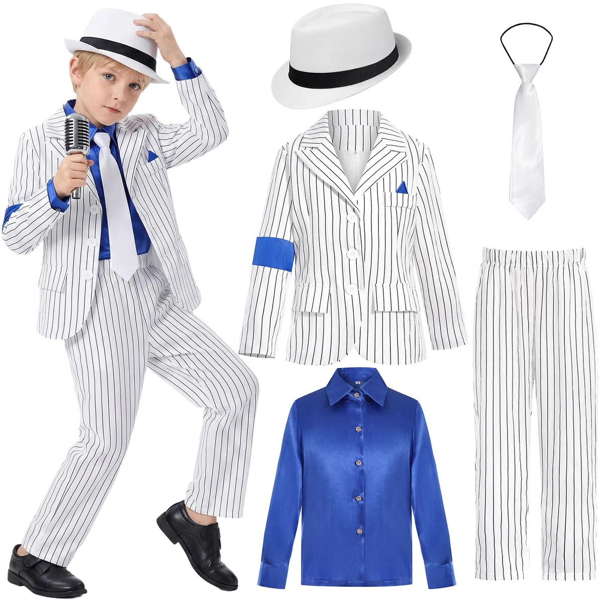 Générique Deguisement Roi de la Pop Garcon - Manteau Rayé Blanc Pantalon Cravate Années 80-90 avec Chapeau, Tenue Moonwalk pour Halloween Fete Spectacle Enfant 6-13 Ans
