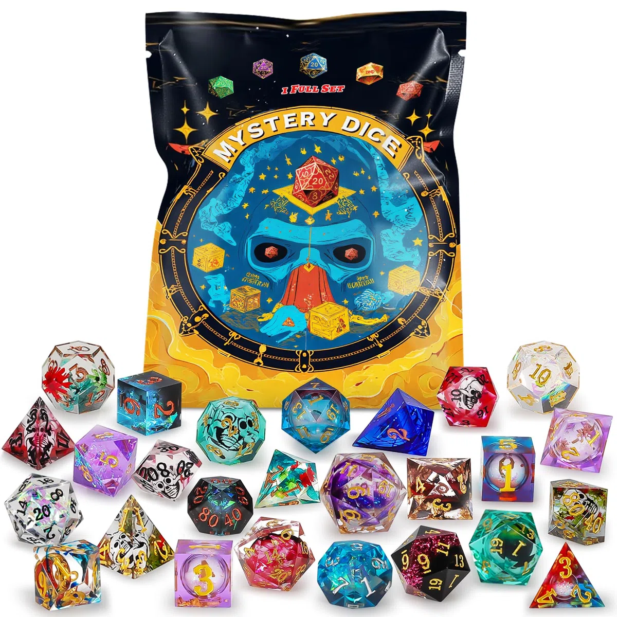 QMAY Mystery Dice Lot de 7 dés polyédraux, Style aléatoire pour Dungeon et Dragons MTG Table Games RPG DND Résine Cube D20 D12 D10 D% D8 D6 D4
