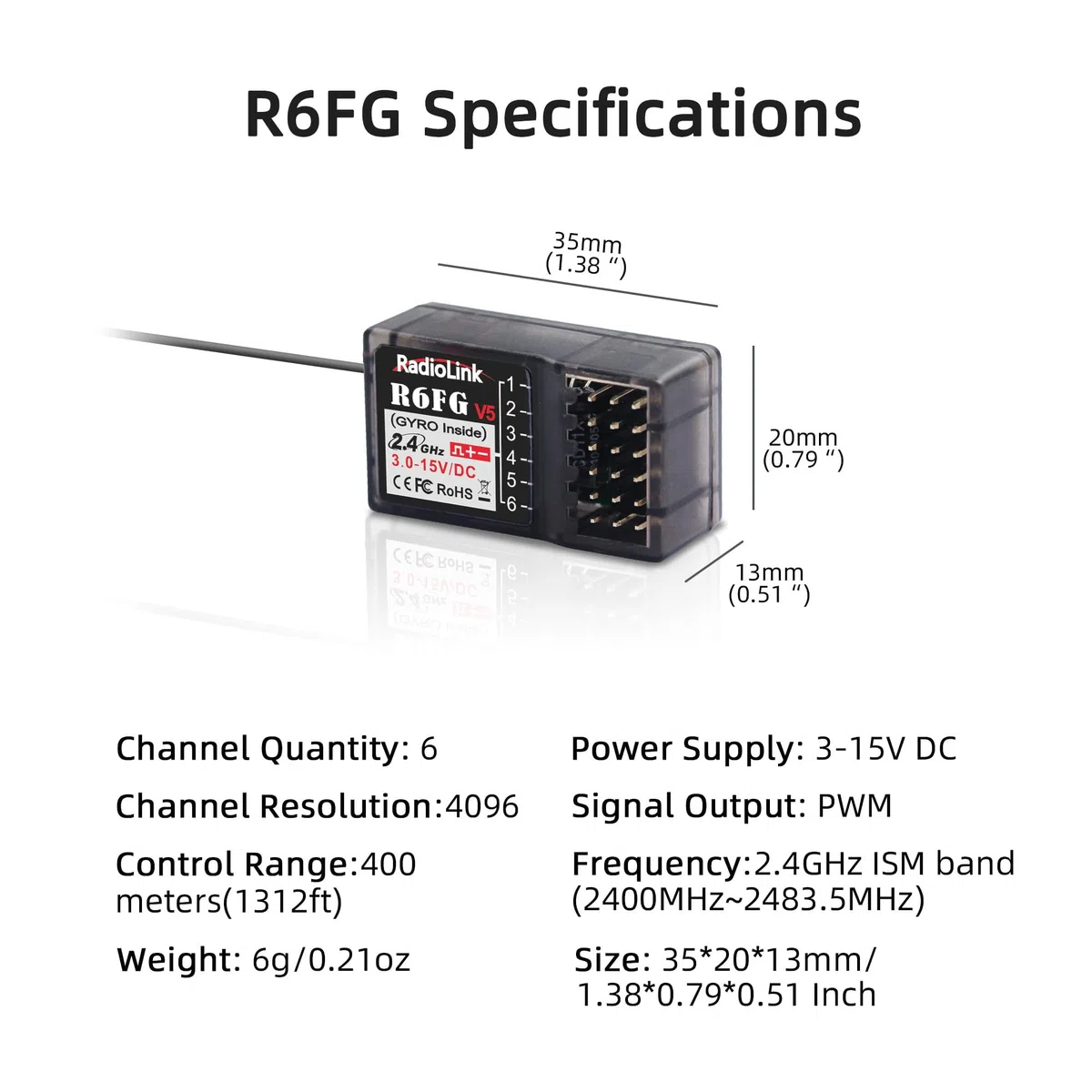 Radiolink R6FG Récepteur RC 2,4 GHz Gyro-intégré 6 canaux Grande portée jusqu'à 400 m Compatible avec RC6GS V3/RC4GS V3/T8FB/T8S/RC8X/T16D/T12D