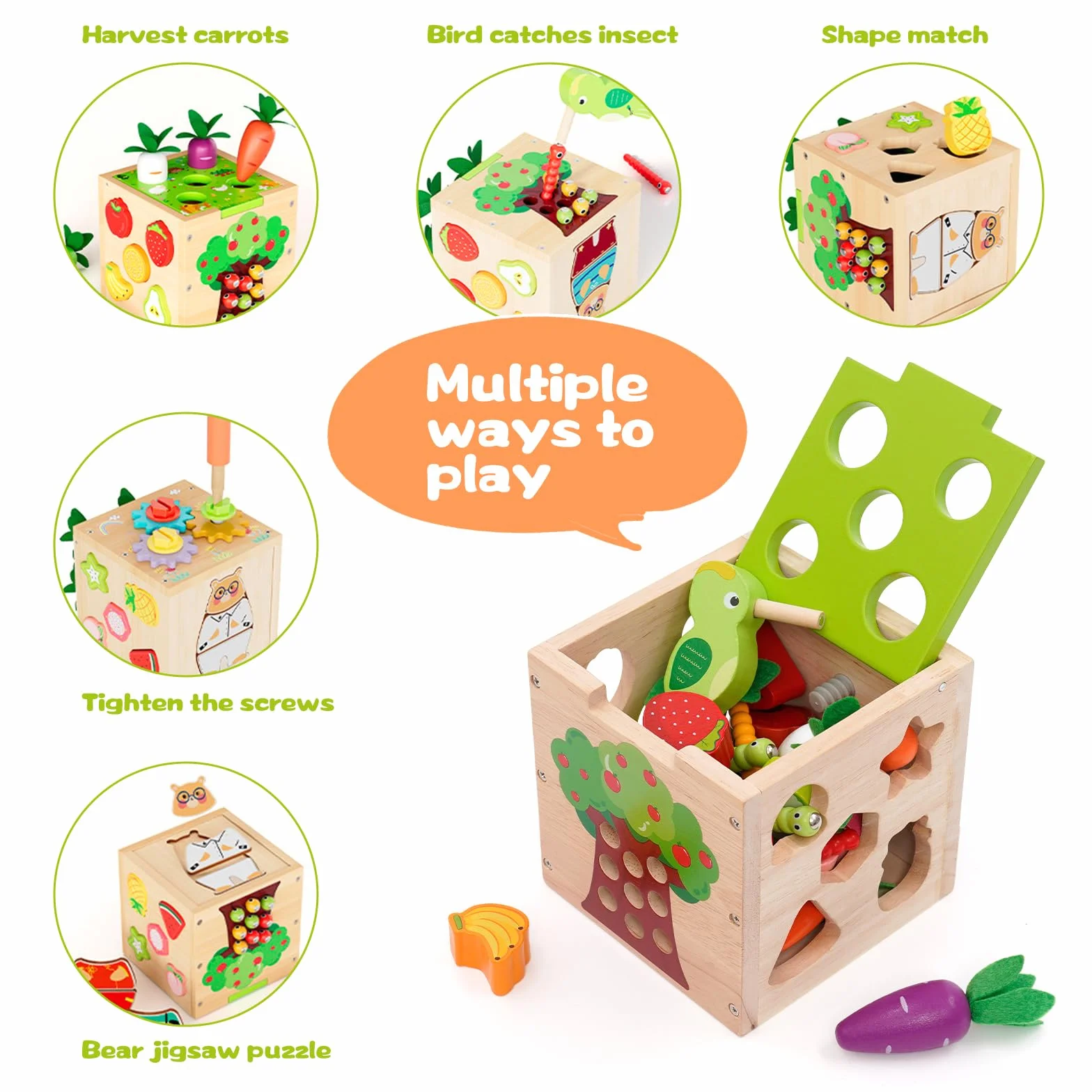 Centre Activité Bébé Multijeux Montessori,Cube d'Activité Bébé,Cube en Bois Comprend la Correspondance des Formes,le Tirage de Carottes,la Capture d'insectes,des Engrenages,Jeux en bois Bébé 1 an.