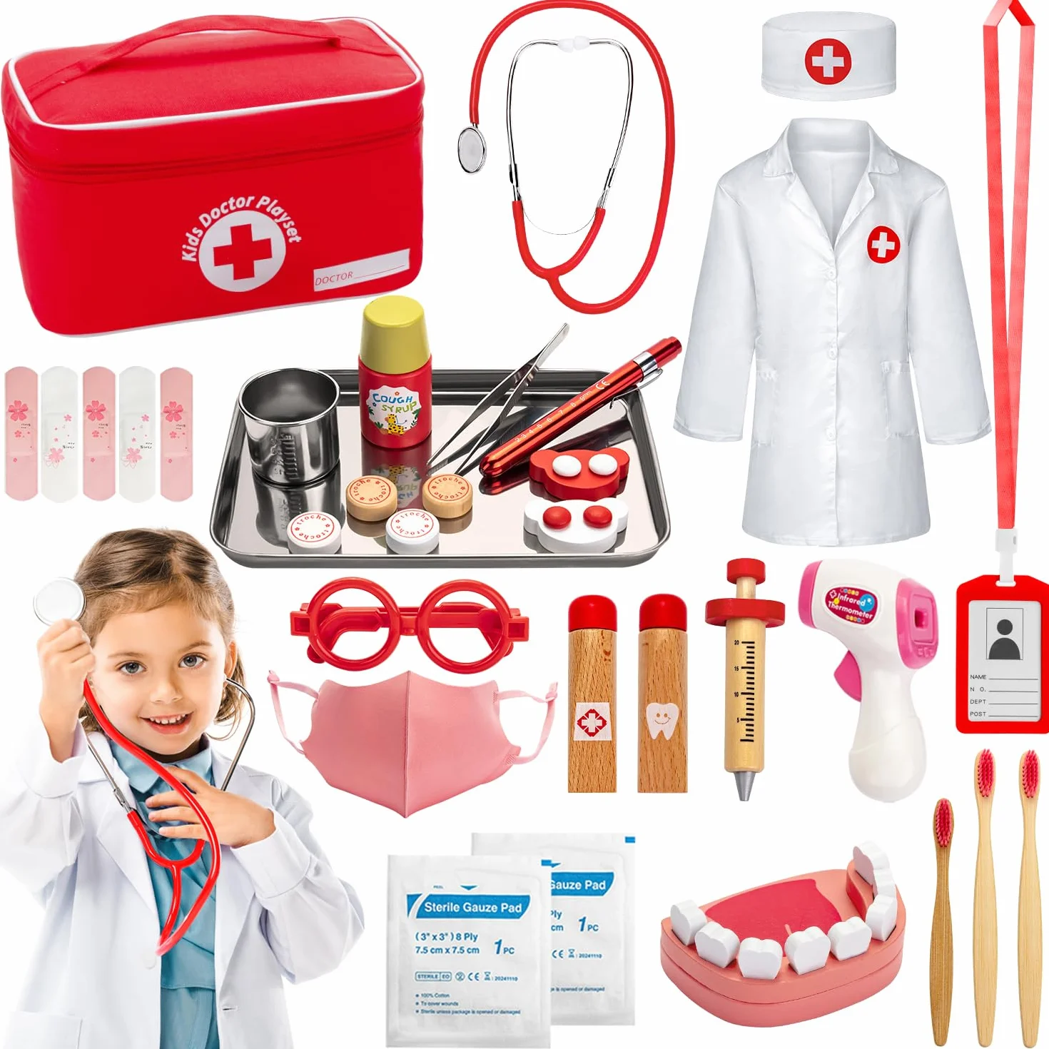 Sundaymot Malette Docteur Enfant Médecin Jouet Bois avec stéthoscope véritable, thermomètre, Mallette de Dentiste, Blouse de Docteur, Cadeau médical de Jeu de rôle Rouge pour Filles garçons 3 4 Ans