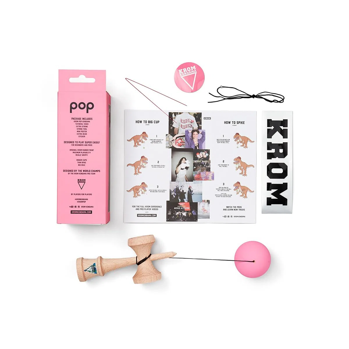 KROM - Kendama Pro Pop Rose - Bilboquet Japonais - Jouet en Bois pour Adulte et Enfant - Pack : Ficelle de Rechange + Stickers offerts