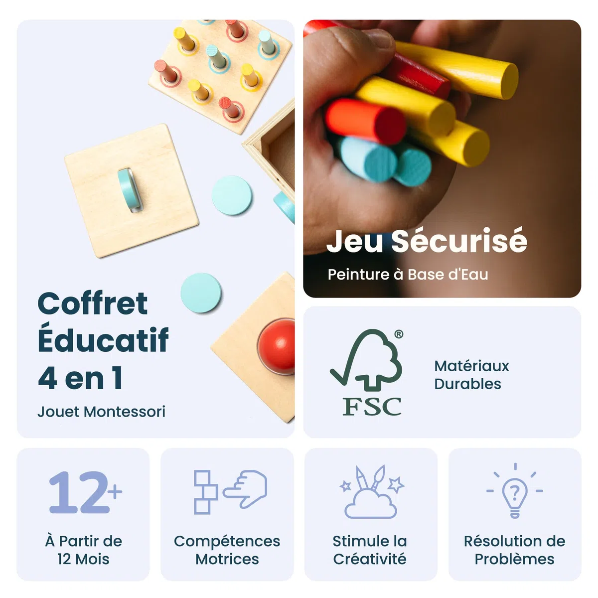Cube D'activité Bébé 4 en 1 - Jouet Montessori 1 an - Jeux de Motricitée, Peinture Écologique et Bois Certifié FSC, Idéal pour l'Apprentissage et Le Jeu en Toute Sécurité