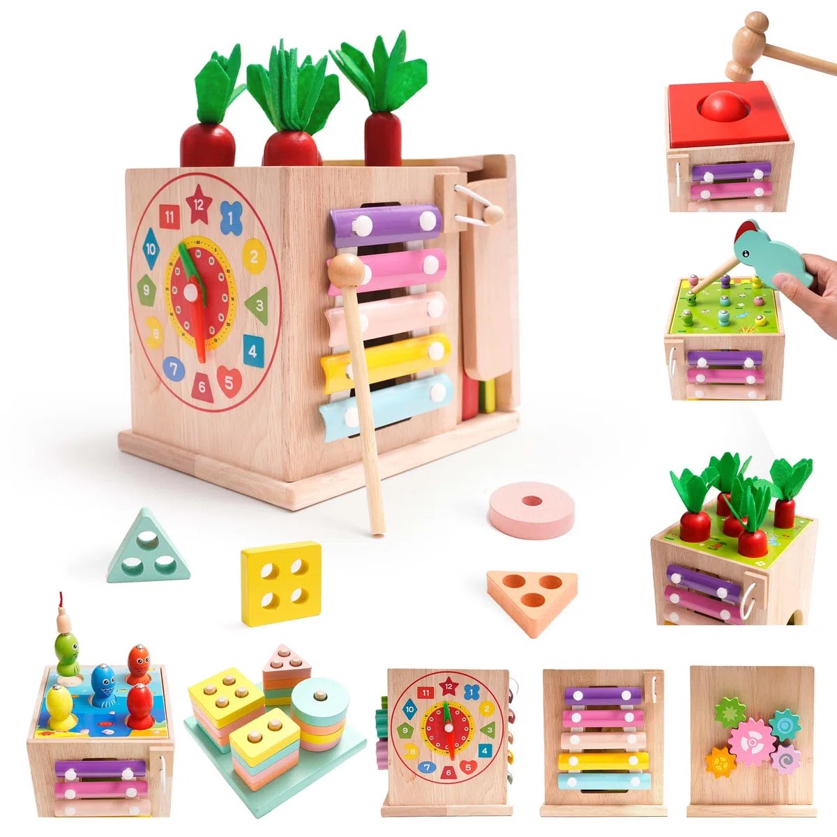 NUKied Montessori Jouet Bebe 1 2 3 an |9 en 1 Cube d'activités motrices dès |Frapper la Balle,Formes À Trier Empiler Jeu,Jouet de Récolte de Carottes,Jouet en Bois pour Cadeau Fille Garcon Bébés