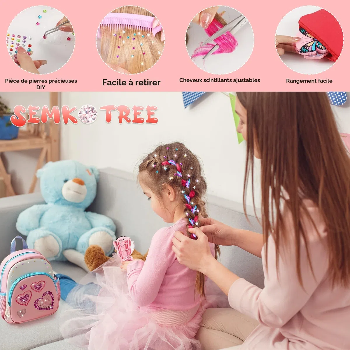 SEMKOTREE Machine à Strass pour Cheveux avec 630 Gemmes et Extension, Hair Bedazzler, Bijoux Paillettes Diamond Styler Kit, Cadeau Fille 6 Ans