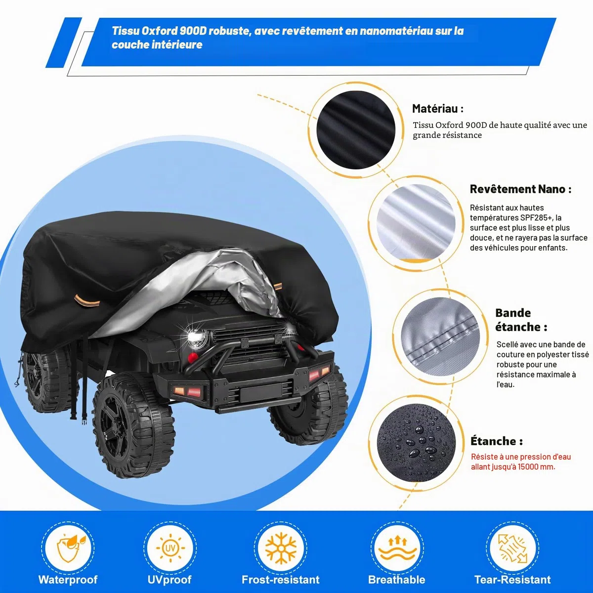 Housse de voiture électrique imperméable 900D pour enfants - Étanche - Boucle coupe-vent - Bande réfléchissante - Grande housse universelle pour jouets - Anti-UV, pluie, poussière - Protection contre