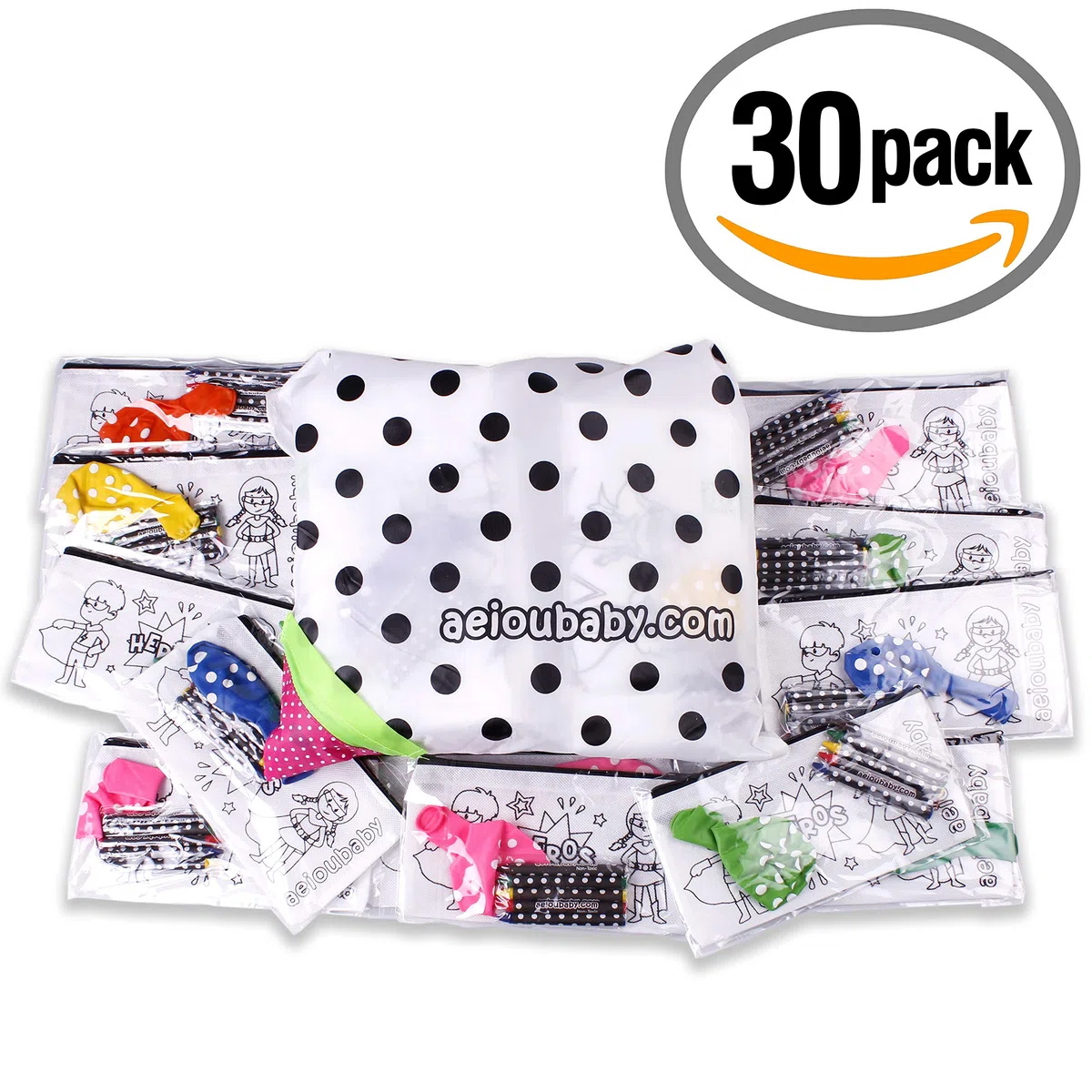 aeioubaby.com 30 Trousses à Colorier + Sac Réutilisable | 30 Sacs individuels contenant 5 Crayons de Couleur et un Ballon | Cadeau pour enfants au fêtes et anniversaires (Héros)