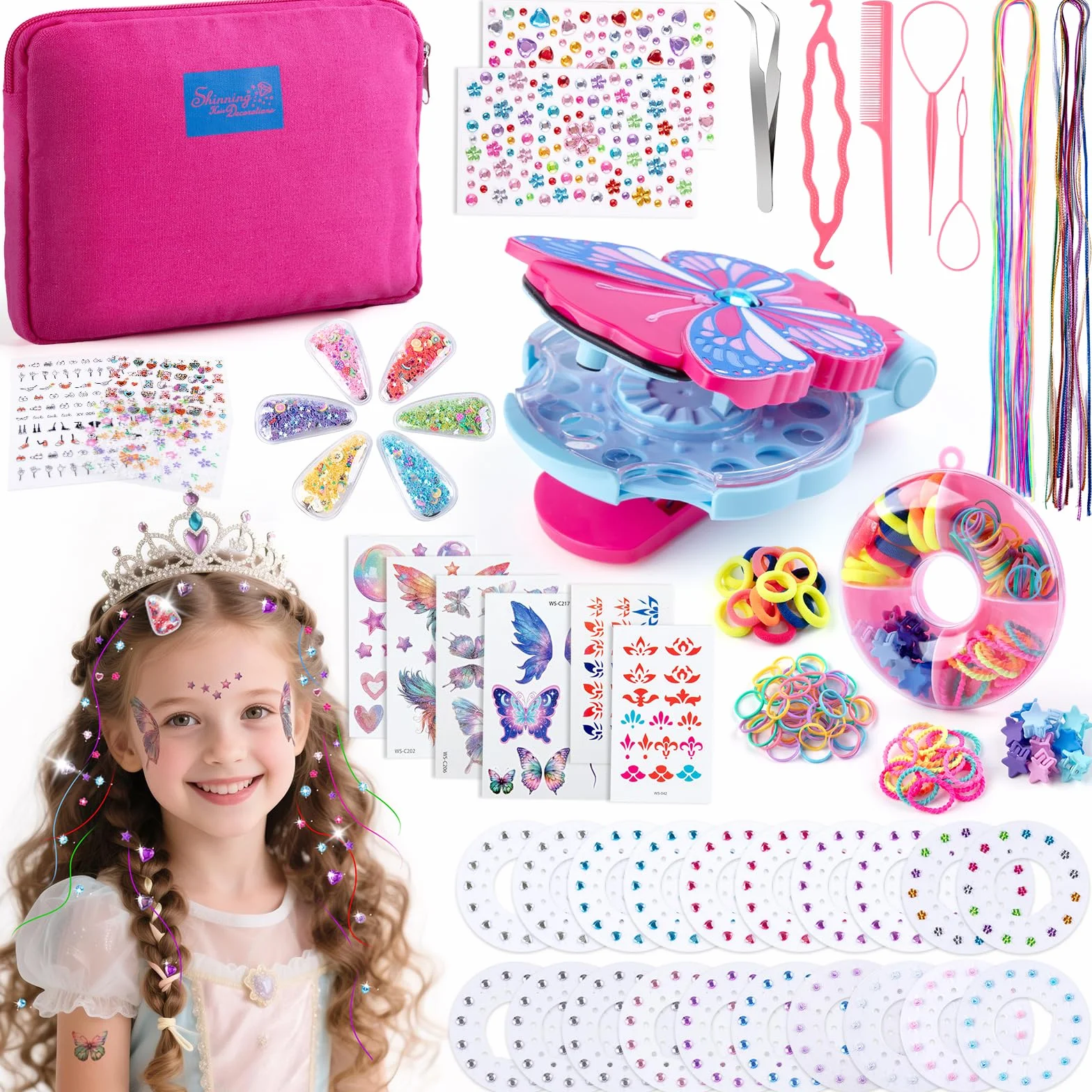 SEMKOTREE Machine Strass Cheveux, Strass a Coller Hair Bedazzler Kit avec 480 Rhinestone et Hair Tinsel, Bijoux Cheveux Paillettes Cheveux, Hair Gem Stamper Cadeau Fille 6 7 8 9 10 Ans