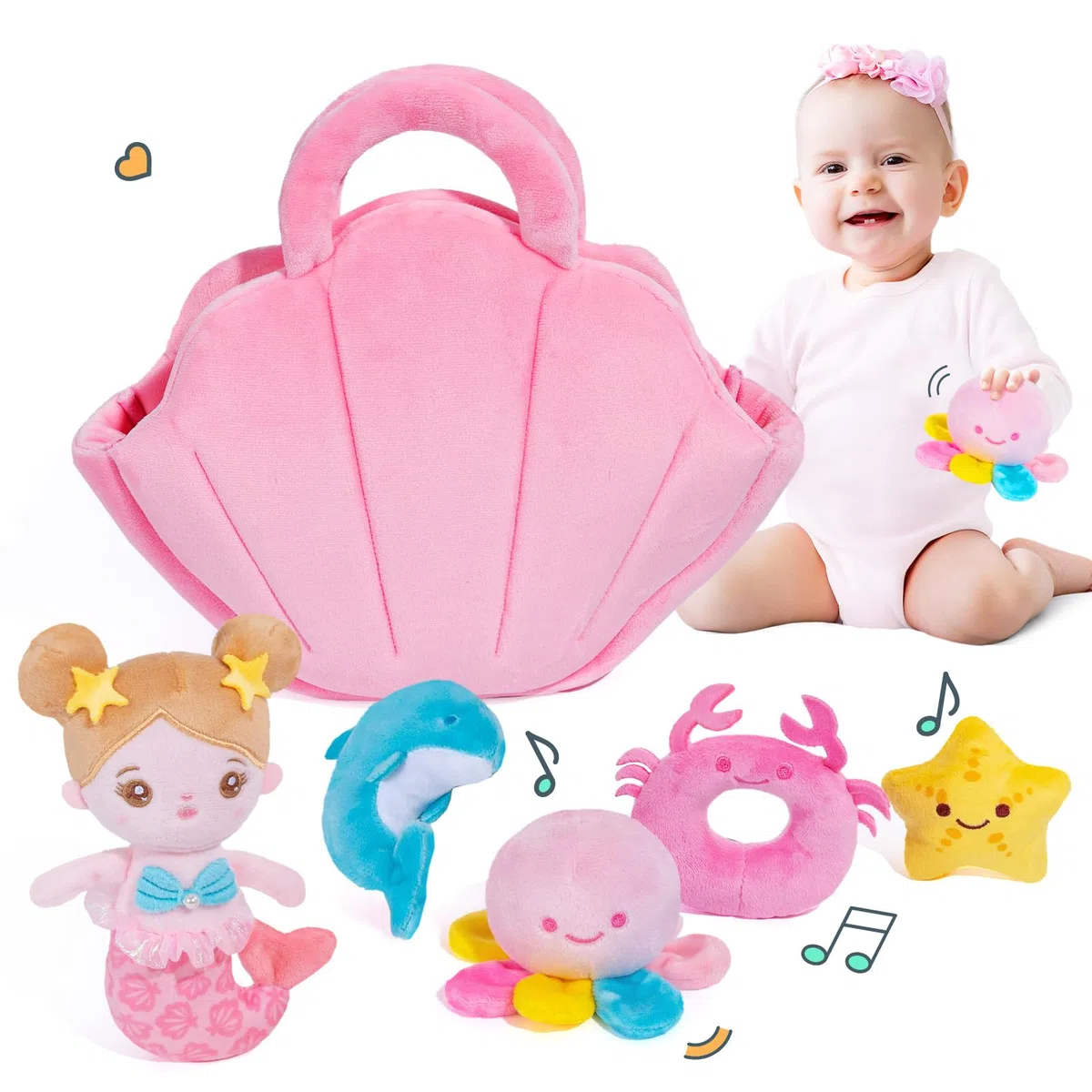 OUOZZZ Jouet en Peluche Sirène Océan, Jouet Sensoriel pour Bébé Fille de 1 à 3 Ans, 24 cm