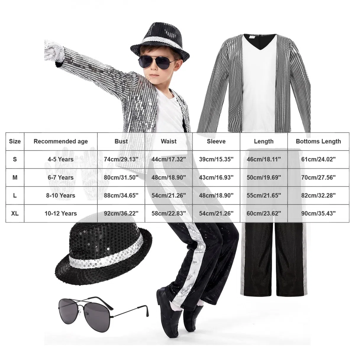 Deguisement Roi de la Pop Garcon à Années 80-90 Veste A Paillettes Argentees Pantalon Chapeau Lunettes Gants pour Halloween Carnaval Cosplay Spectacle Enfant 4-12 Ans