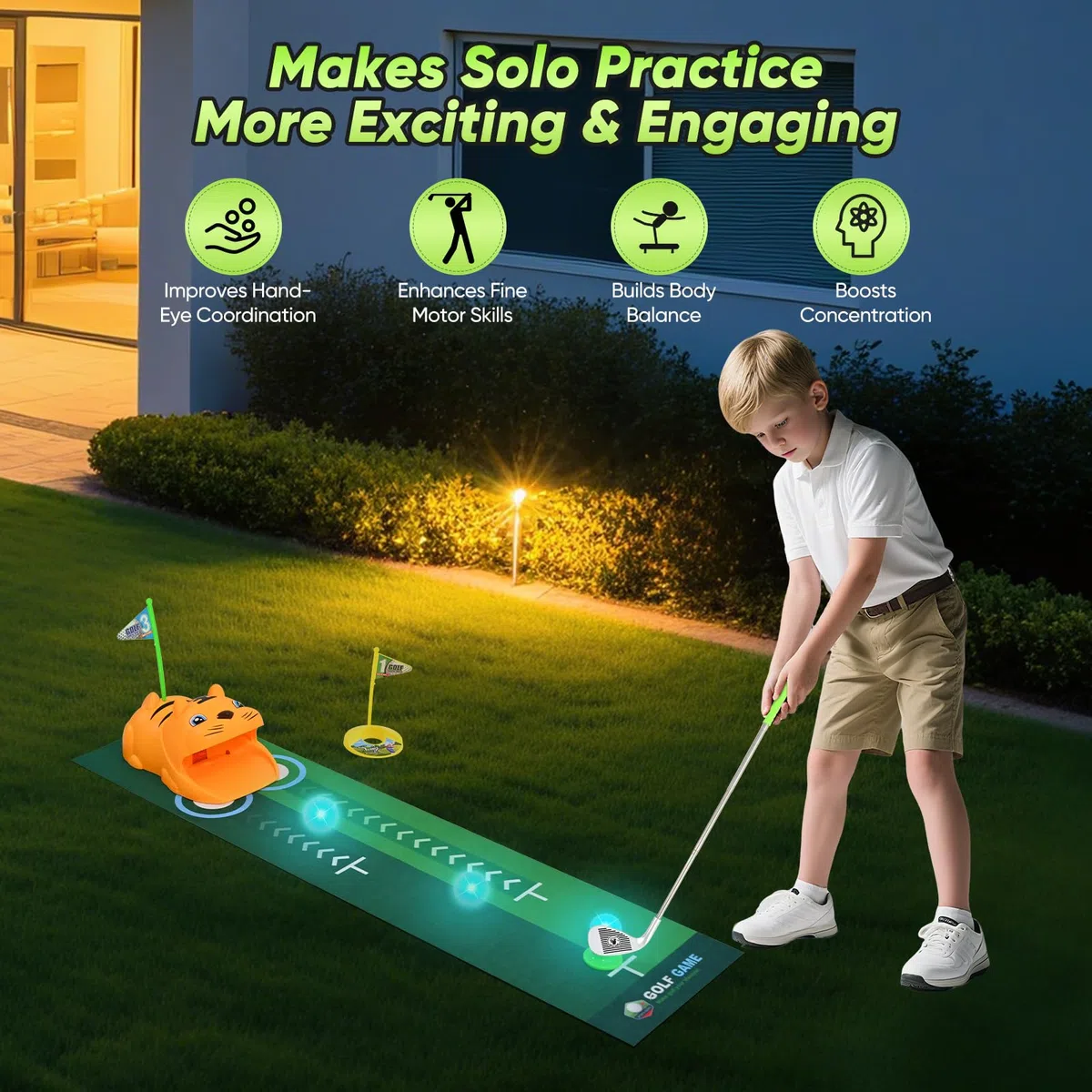 Coffret de Golf pour Enfants avec retourneur de balles Automatique et balles Lumineuses à LED | 18 pièces, Cadeau pour garçons et Filles de 3 à 8 Ans | Comprend des Clubs rétractables