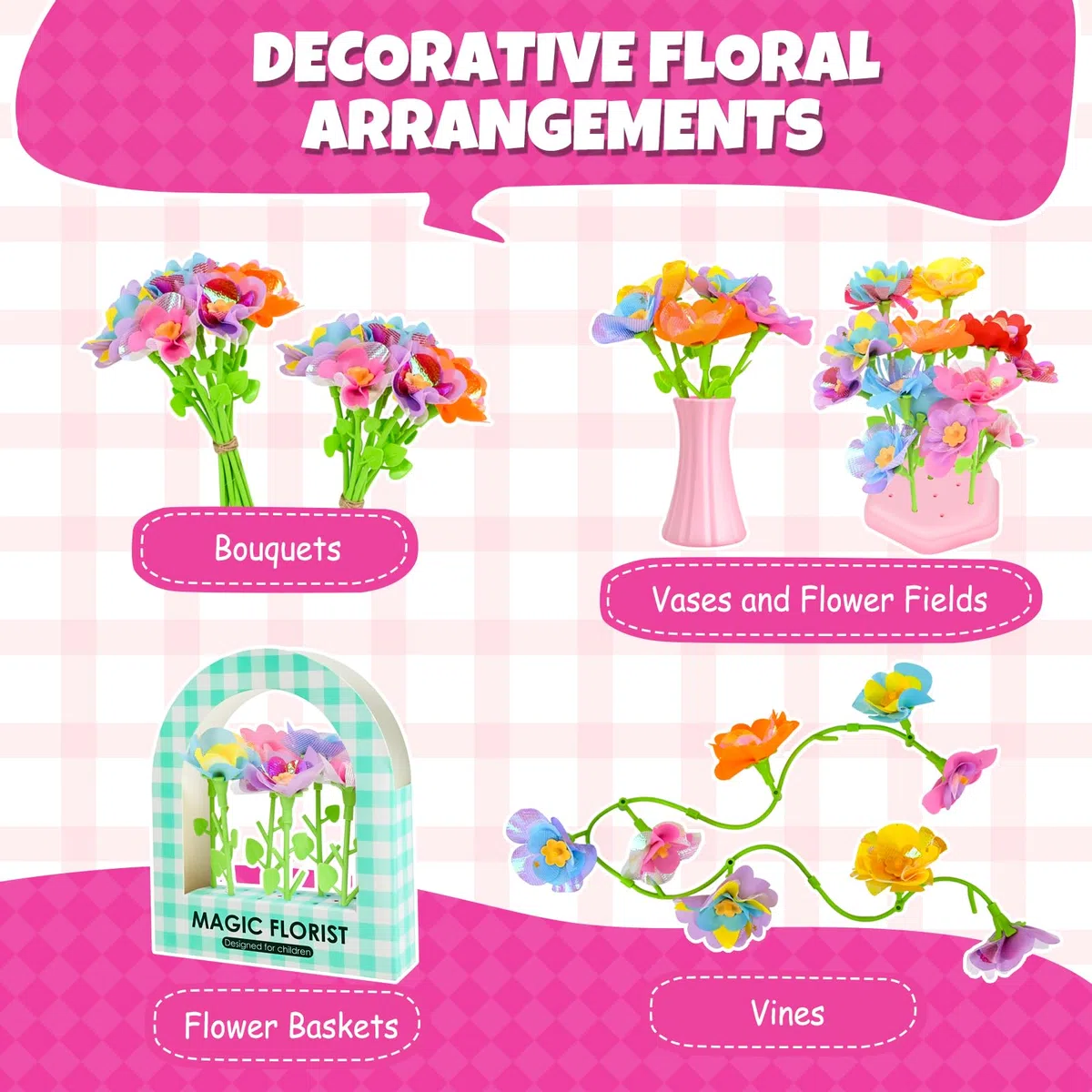 Joellfuner Fabrique de Fleurs Enfant, Kit de Bouquet de fleurs DIY pour Enfants, Création Bouquet de Fleurs avec Machine à Fleurs, Jouet Fleurs Activité Manuelle Enfant Fille 3 4 5 6 7 Ans, Rose