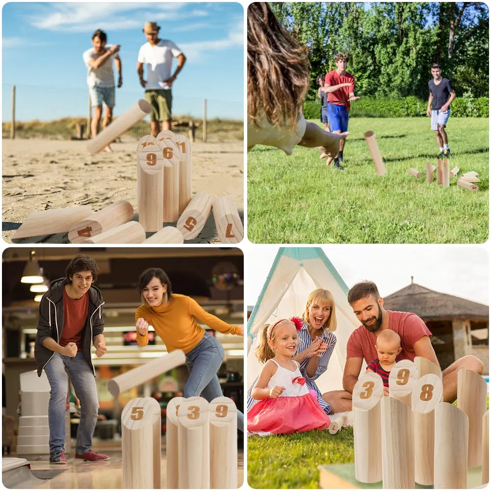 OSDUE 16 Pièces Jeu de Quilles Nordique, Jeu de Plein air Beige Bois Jeux de Plein air pour Adultes Jardin, Pique-Nique, Plage, Fête