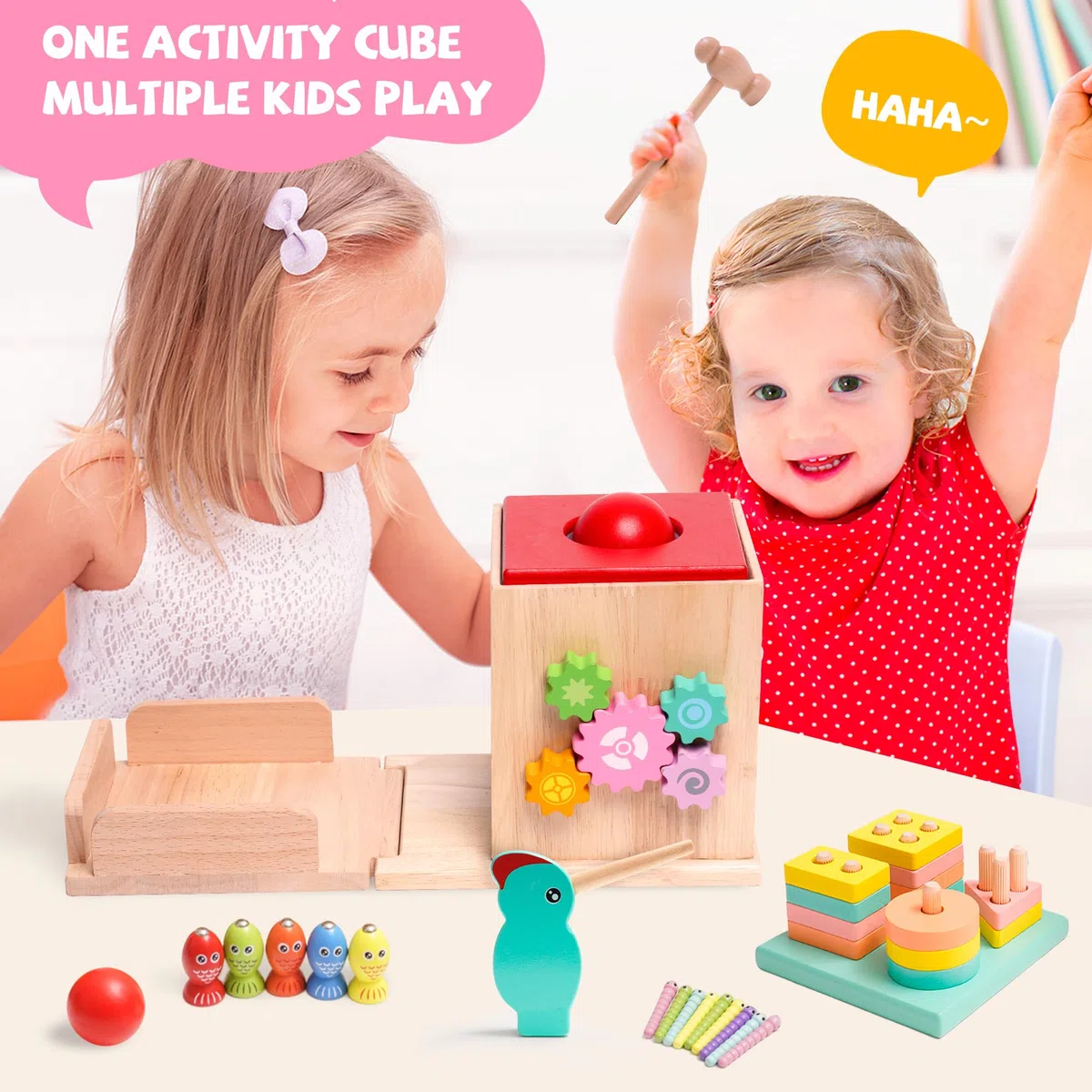 NUKied Montessori Jouet Bebe 1 2 3 an |9 en 1 Cube d'activités motrices dès |Frapper la Balle,Formes À Trier Empiler Jeu,Jouet de Récolte de Carottes,Jouet en Bois pour Cadeau Fille Garcon Bébés