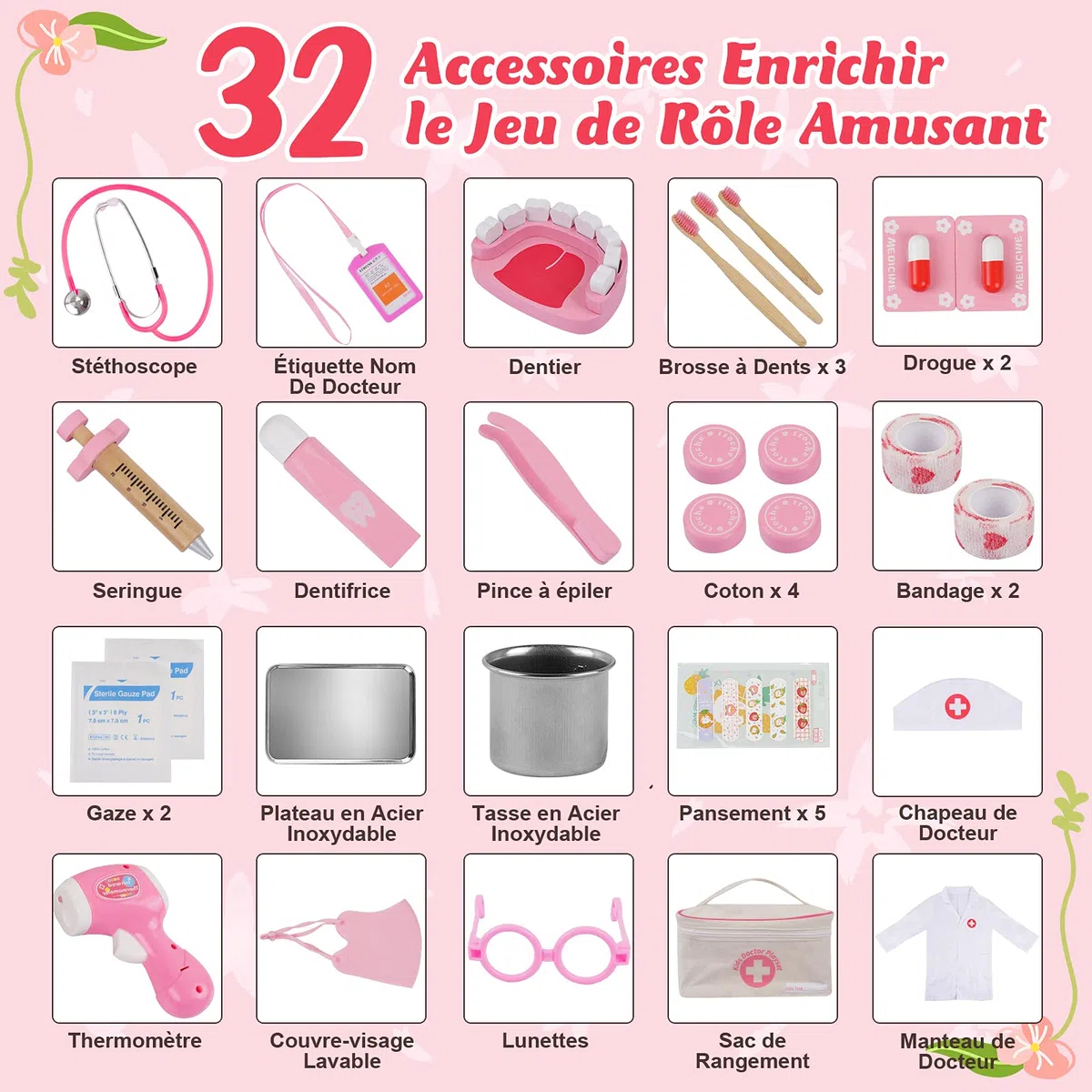 Sundaymot Mallette Docteur Enfant Jouet - 32Pièces Kit du Docteur Médicale Jouet avec Stéthoscope, Jeu d'imitation Cadeau pour Fille Garçon Enfant 3 4 5 6 7 Ans, Rose