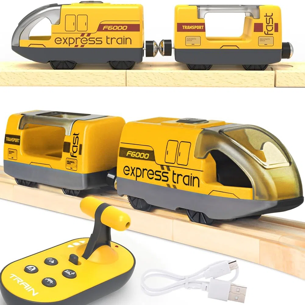 TOPLIVING Train de train motorisé en bois télécommandé avec connexion magnétique - Train de locomotive à piles pour tout-petits - Compatible avec Thomas, Brio, Chuggington (sans piste)