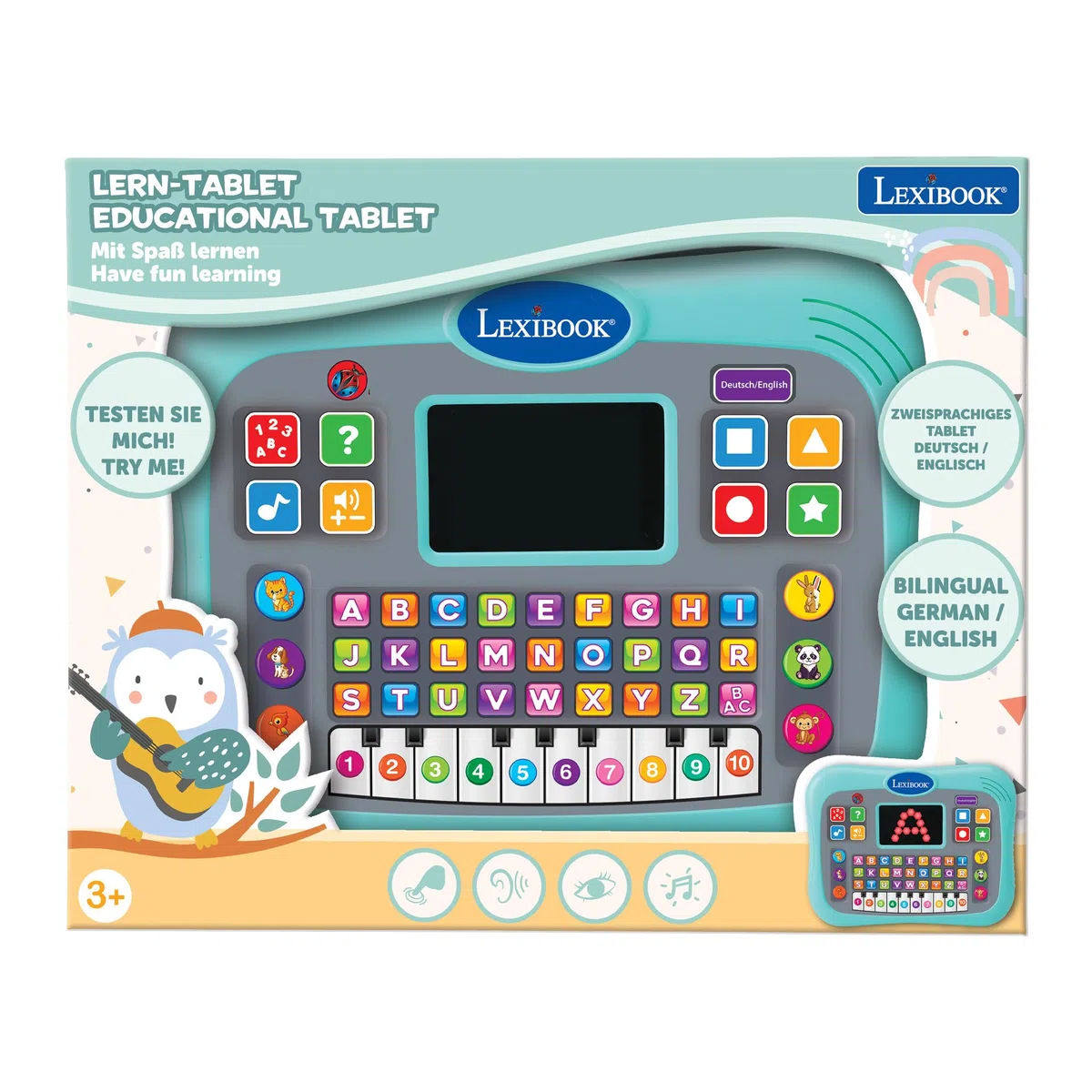 Lexibook, Tablette éducative bilingue Anglais/Allemand Tablette Parlante avec Ecran pour Apprendre l'alphabet, Les Chiffres et Les Animaux, Modes Piano et Quiz Interactifs, Bleu, JCPAD007i3