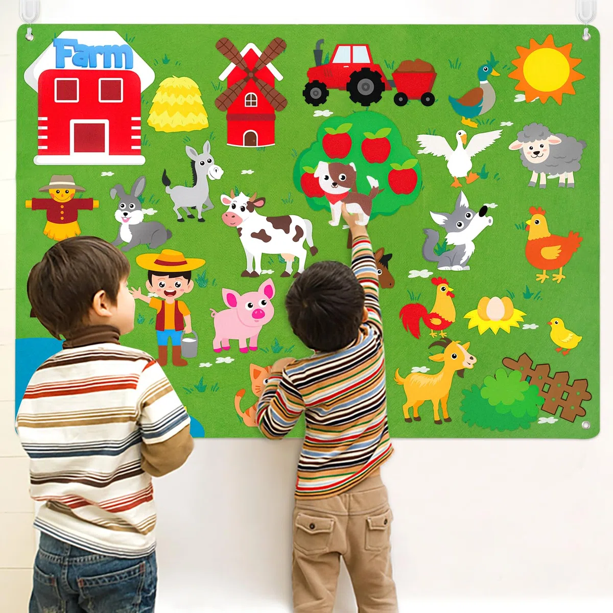 WATINC Felt Farm Story Board Set 38 pièces Animaux domestiques préscolaires Conte Flanelle Conseil bétail Apprentissage précoce Kit de Jeu éducatif Suspendu Jouets pédagogiques