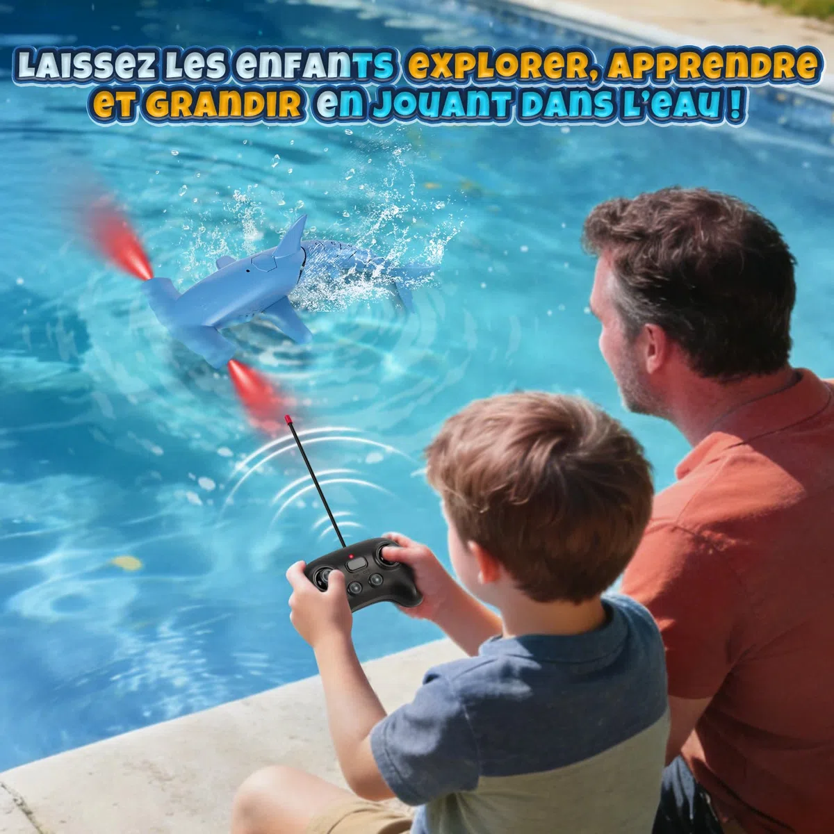 Requin Télécommandé avec Fonction de Plongée, 2.4 GHz RC Requin avec Lumières LED, Jouet Requin sous-Marin pour Piscine et Baignoire, Cadeau pour Enfants 6+ Ans Garçon Fille (Bleu)