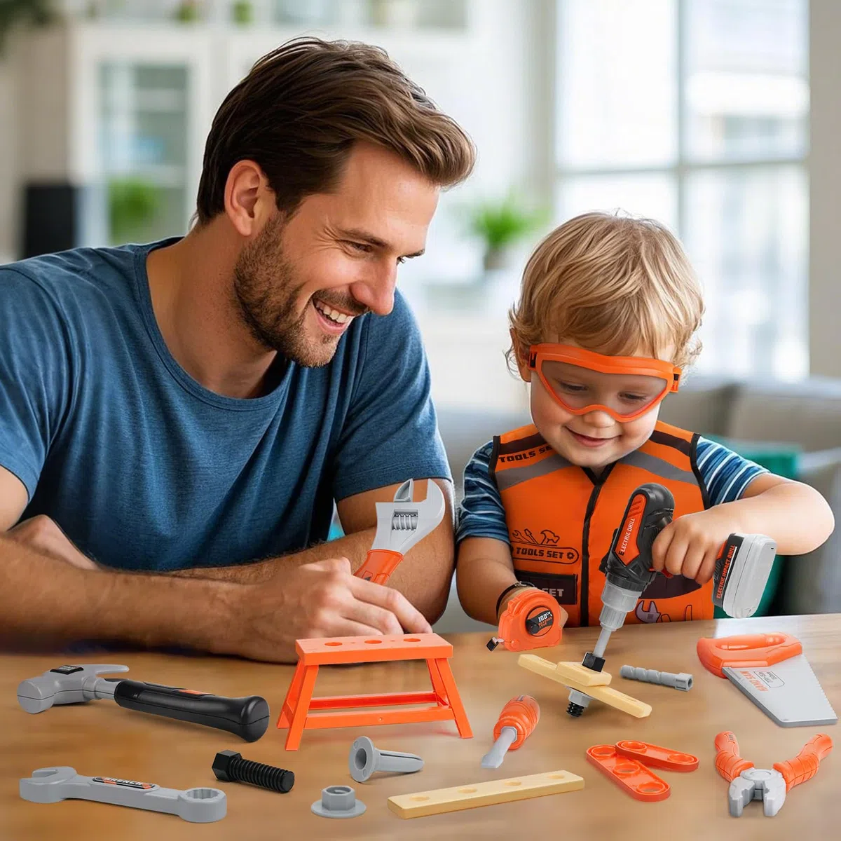 Vanplay Jouet Enfant 3 Ans Boîtes à Outils avec Perceuse Électrique, 43 Pièces avec Sac à Outils & Gilet, Cadeau Enfant 3 4 5 6 Ans