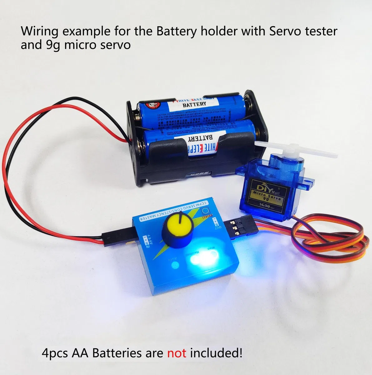 SG90 Kit de testeur de moteur servo 9 g Micro Servo 180 degrés + contrôleur micro servo RC avec boîtier d'alimentation 4 piles AA et connecteur JR