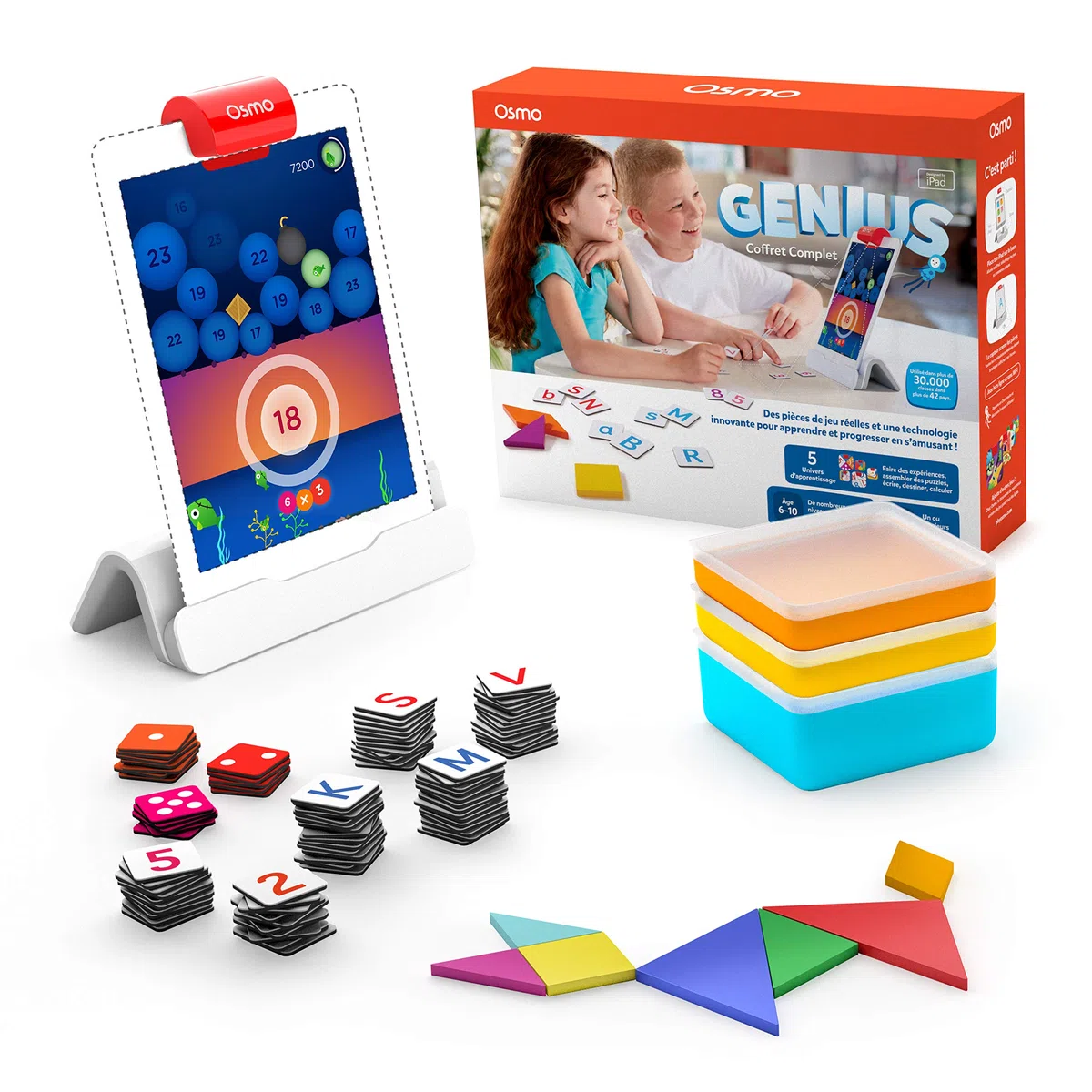 Osmo -Coffret complet Genius pour iPad -Genius Starter Kit -Âges 6-10ans -5 jeux d'apprentissage interactifs : maths, orthographe, art, physique,créativité et plus encore(base Osmo pour iPad incluse)