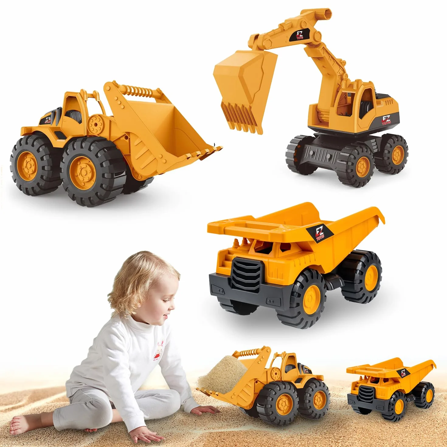 Generisch 3 Pièces Jouets Pelleteuse, Jouet De Sable Pelleteuse Bac à Sable, Jouets De Sable Voiture, avec Camion Benne Bulldozer Pelleteuse, Camions De Chantier pour Enfants pour 3-12 Ans