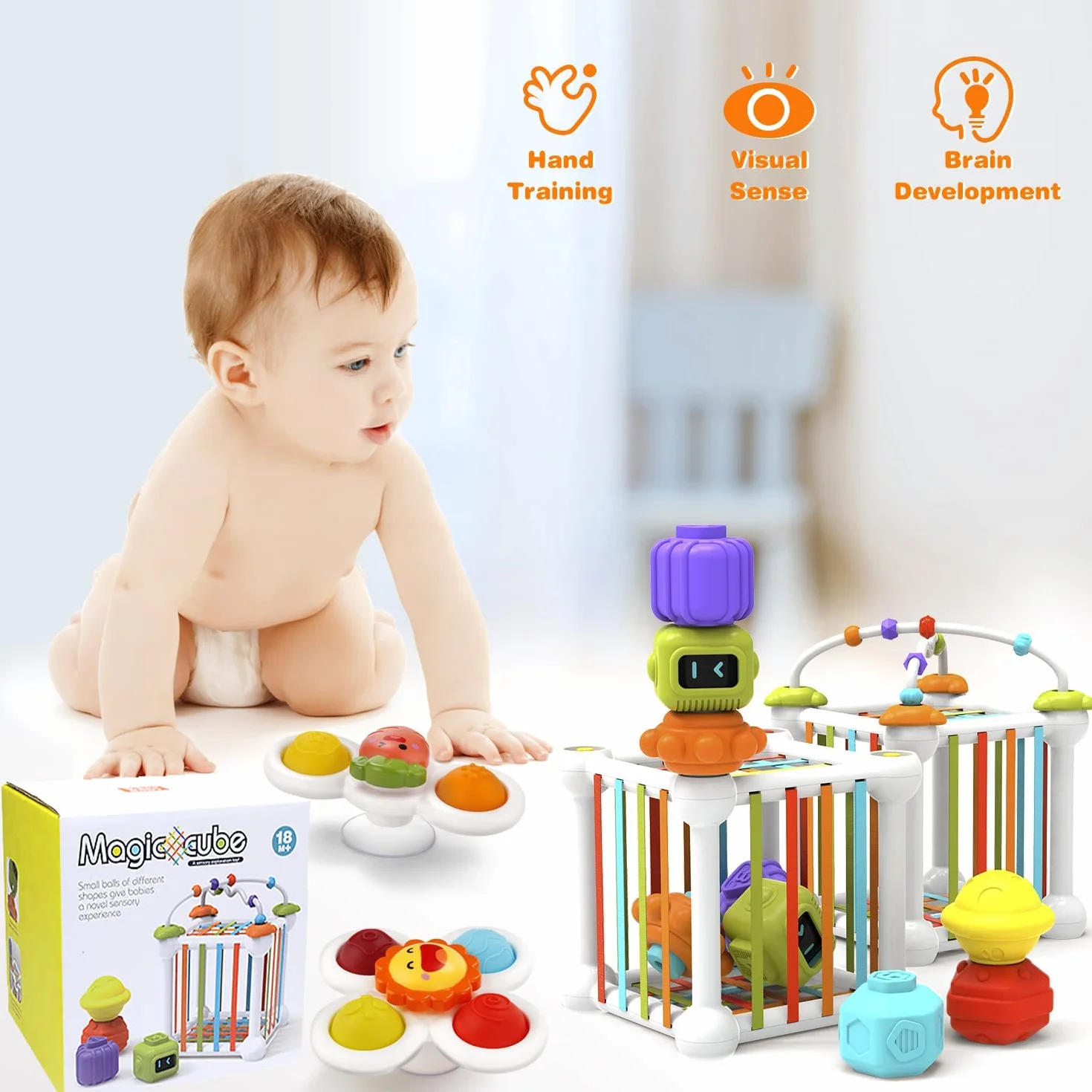 Jouets d'éveil Montessori Cubes pour Bébés 12PCS, Trieur de Formes, avec 3 Jouets à Spinner Ventouse et 6 Formes Multisensorielles et Labyrinthe de Perles, pour enfants 1-3 Ans