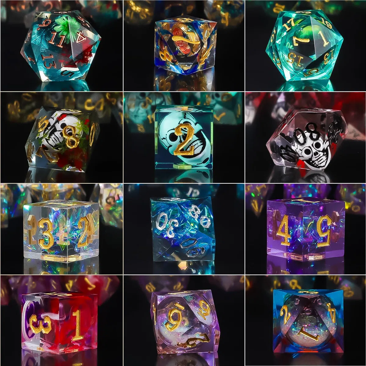 QMAY Mystery Dice Lot de 7 dés polyédraux, Style aléatoire pour Dungeon et Dragons MTG Table Games RPG DND Résine Cube D20 D12 D10 D% D8 D6 D4